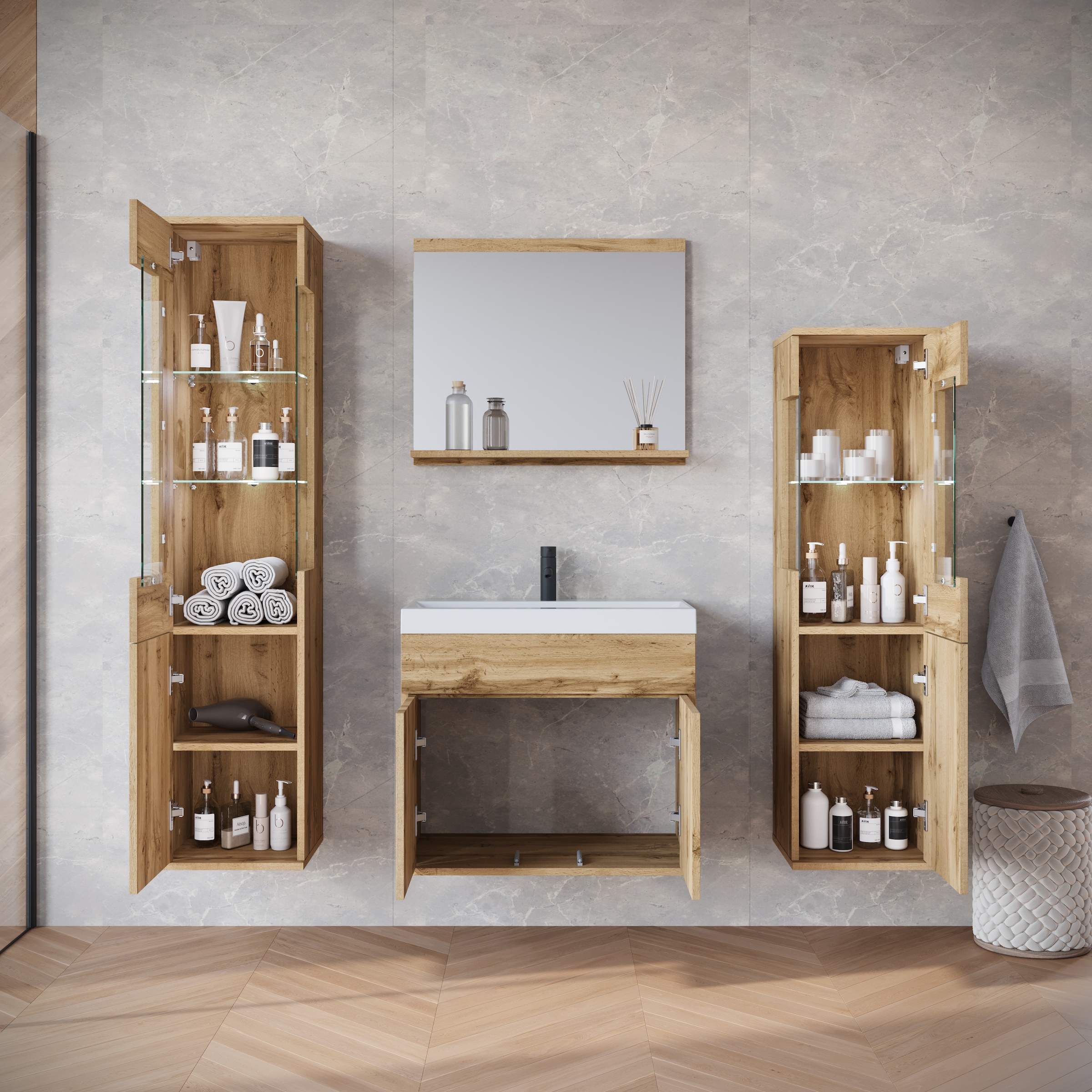 INOSIGN Badmöbel-Set »Kenia«, (Set, 5 St.), Modernes Badmöbel-Set mit viel Stauraum und Glaseinsatz