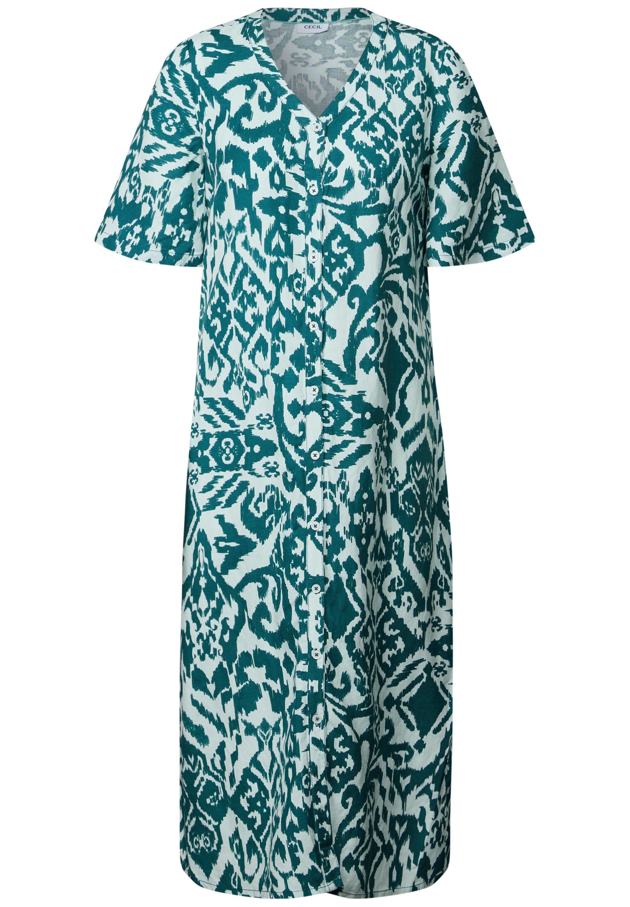 Midikleid CECIL, Damen, Gr. M (40), US-Größen, grün (grün lagoon), Stoff, 55% Leinen, 45% Viskose, gemustert, comfort fit wadenlang, V-Ausschnitt, Bündchen, Kleider Midikleid, mit allover Print 2