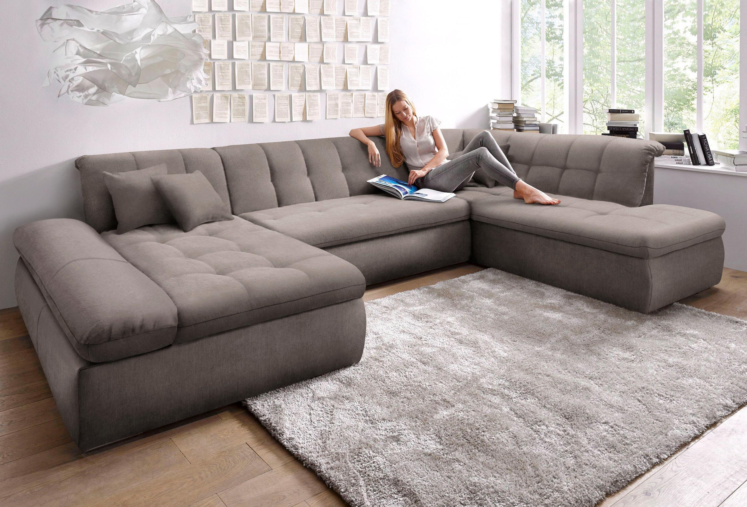 DOMO collection Wohnlandschaft »NMoric im XXL-Format, B/T/H: 353/216/80 cm, incl. Zierkissen U-Form«, wahlweise mit Bettfunktion und Armlehnenverstellung