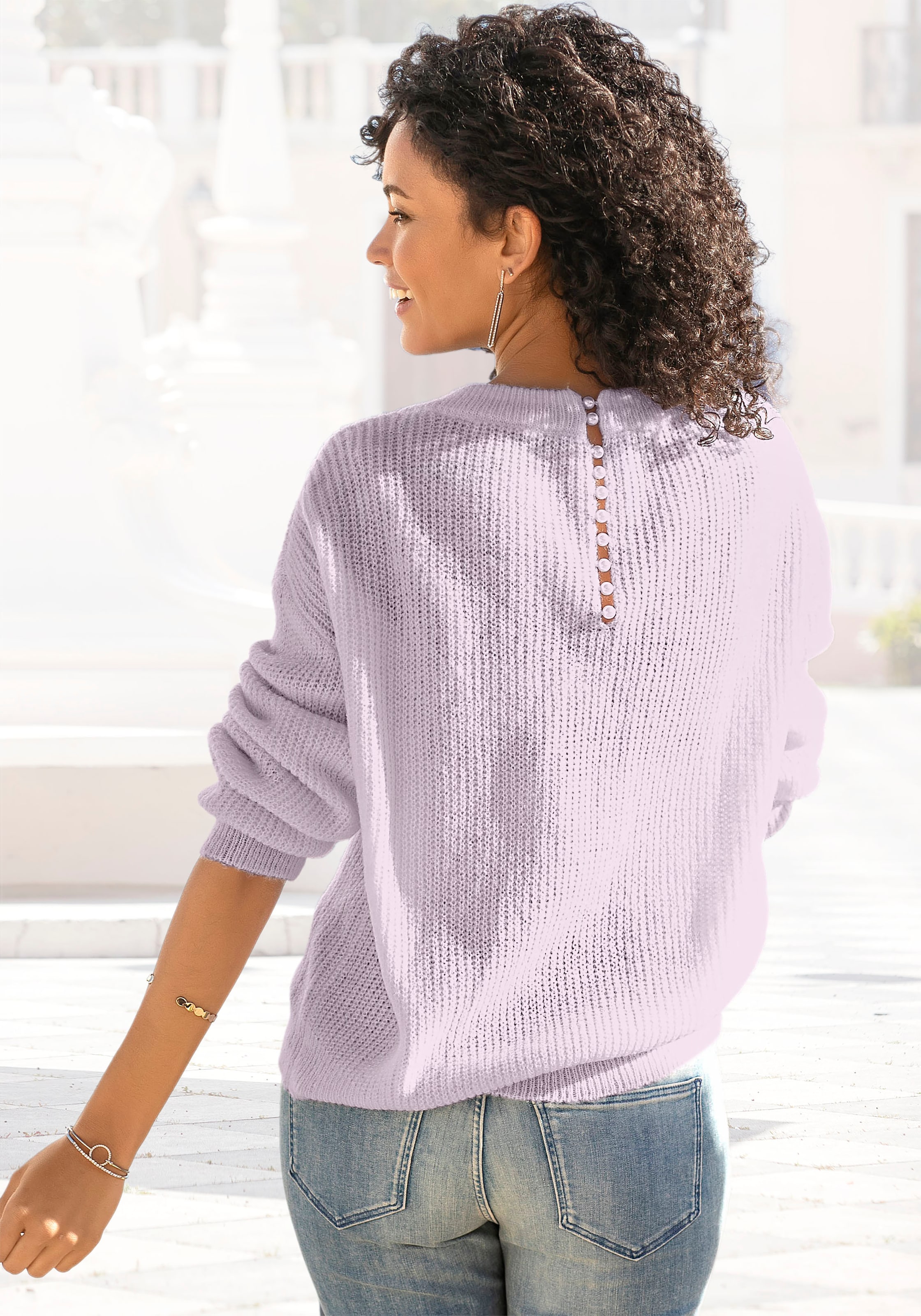 V-Ausschnitt-Pullover, mit Zierperlen im Rücken, eleganter Strickpullover