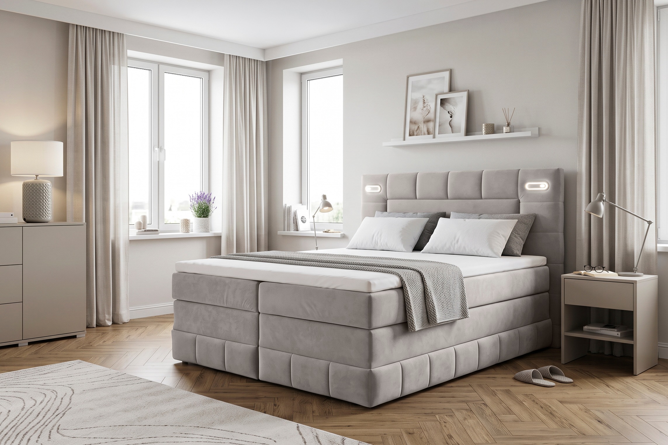 OTTO home Boxbett "PHILIPPA, Polsterbett mit Bettkasten, mit Taschenfederkernmatratze H3" mit Kaltschaum-Topper, Microfaser-Bezug, wahlweise mit LED-Beleuchtung