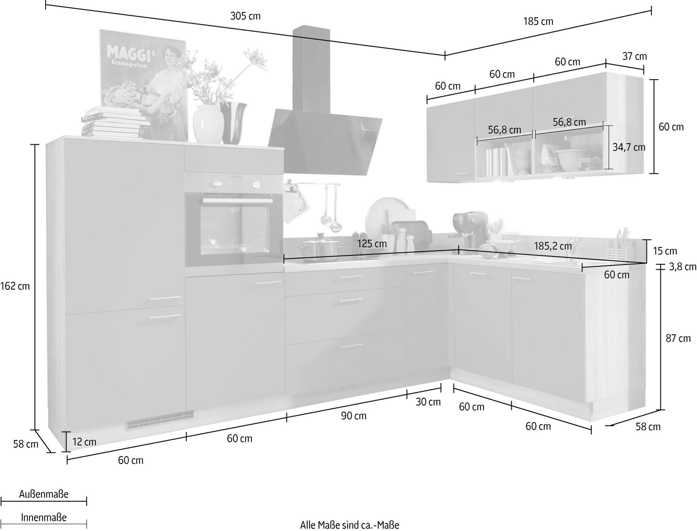 KOCHSTATION Küchenzeile »KS-Scafa, vormontiert, mit höhenverstellbaren Füßen«, vormontiert, wahlweise mit E-Geräten, Stellbreite 305 x 185 cm