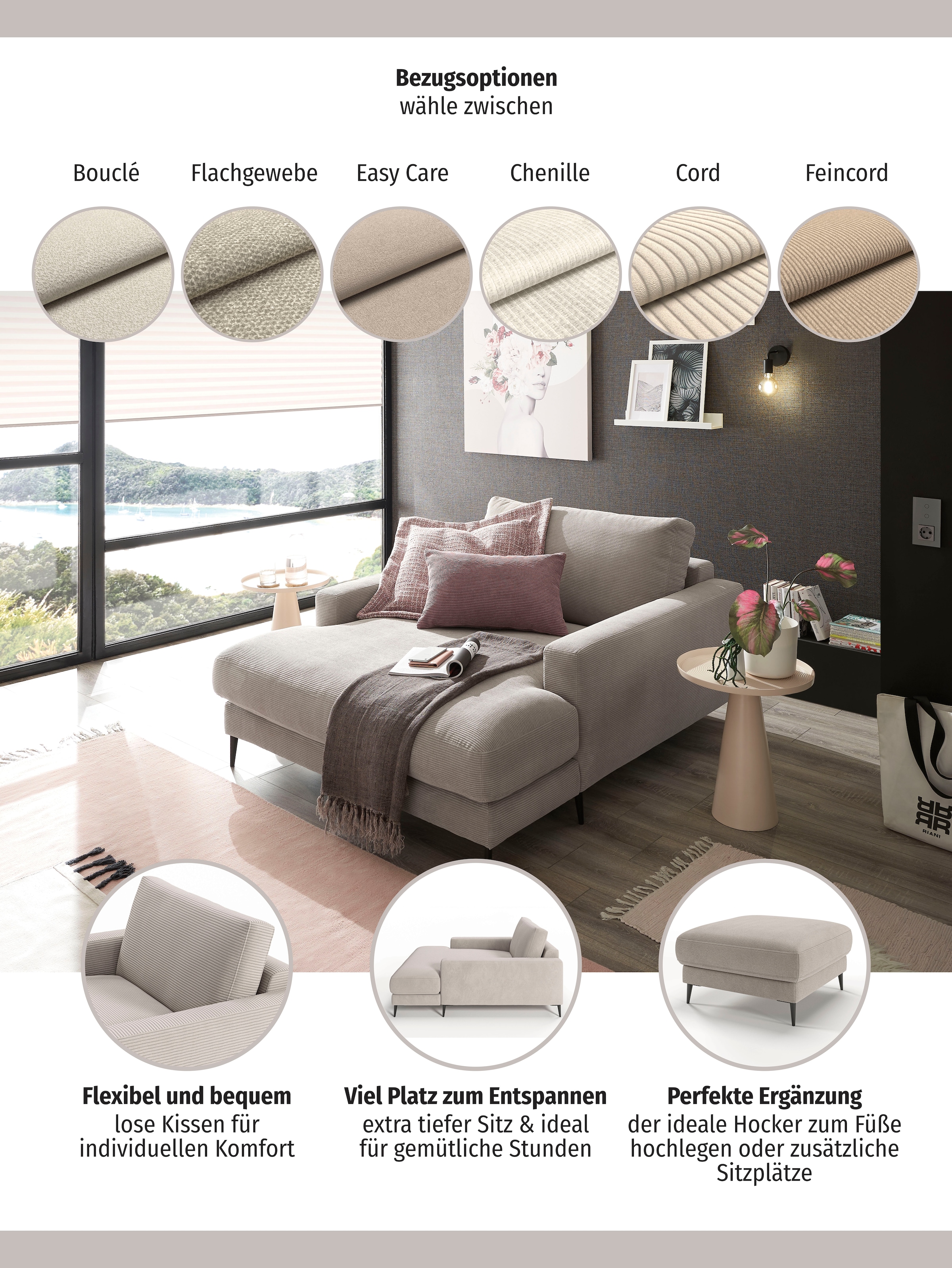 INOSIGN Chaiselongue »Downtown Loungemöbel zum Relaxen, B/T/H: 132/170/84 cm«, auch in Bouclé, Cord und Easy care - leicht mir Wasser zu reinigen