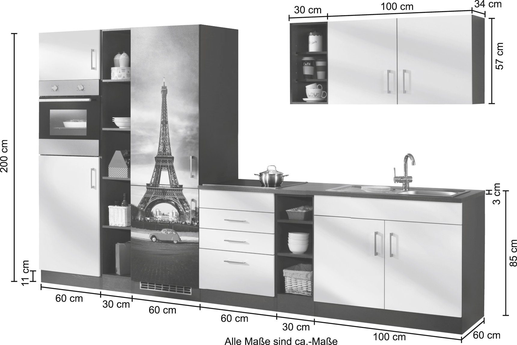 KOCHSTATION Küchenzeile »KS-Paris – Küchen mit einzigartigen Fotomotiven auf den Fronten« Breite 340 cm, wahlweise mit E-Geräten und Induktion