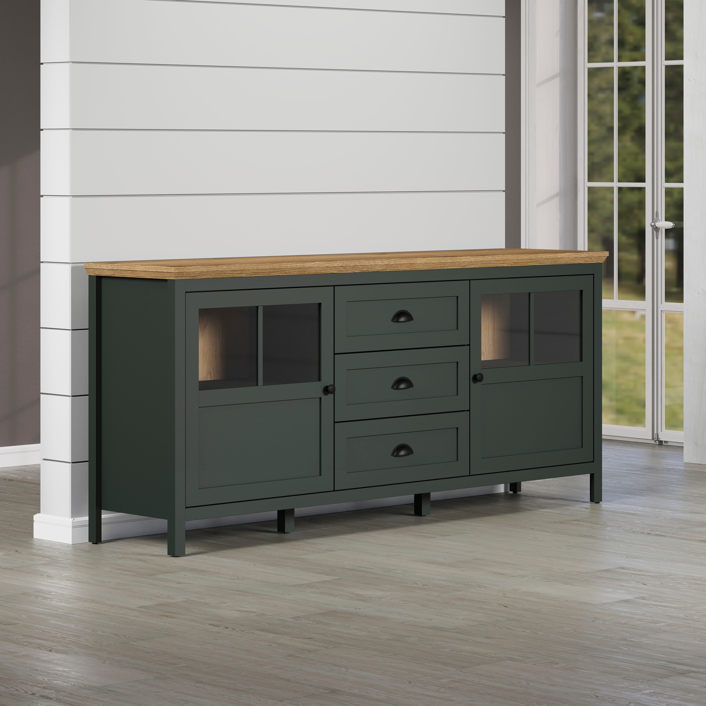 Home affaire Sideboard »Vienna«, Kommode im Landhausstil mit Muschelgriffen und Glastüren