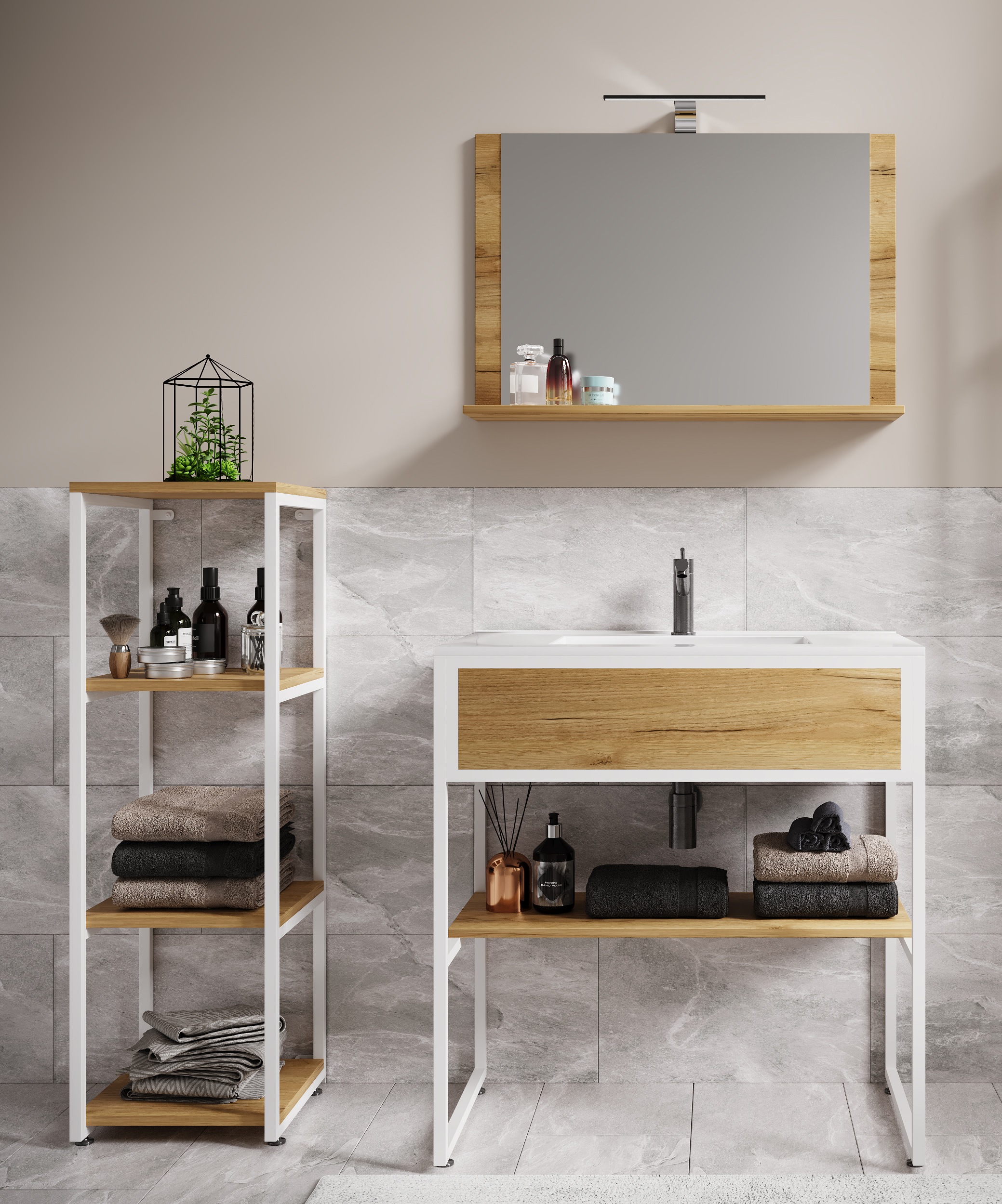 VCM Waschbeckenunterschrank »VCM 4-tlg. Waschplatz Waschtisch Badmöbel Set Waschbecken Holz Metall Industrial Style Bitila 80 V2«, (4 St.)