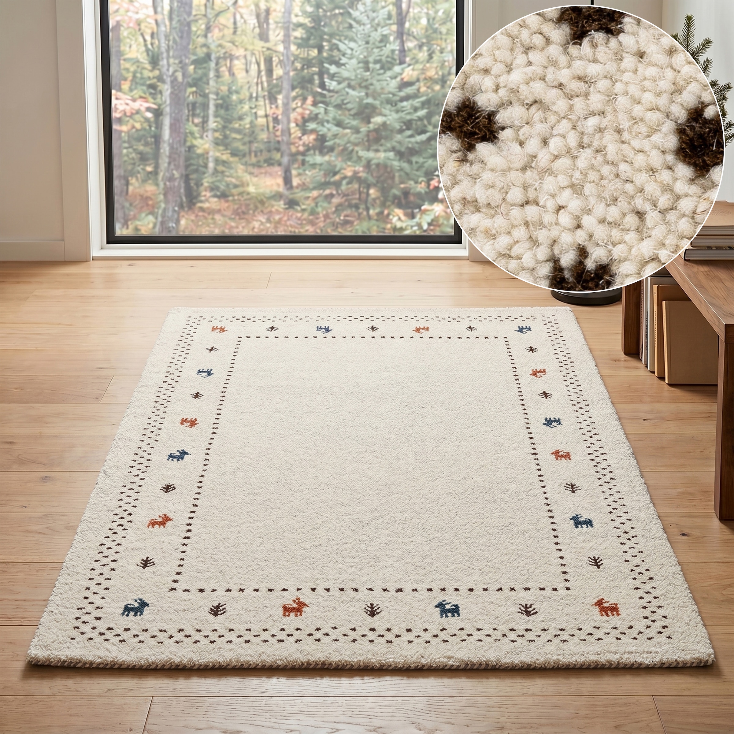 THEKO Wollteppich "Gabbeh Bordüre, Handgefertigt, Teppich, Tiermotiv, reine Wolle" rechteckig 14 mm Höhe Wohnzimmer, Schlafzimmer, Esszimmer