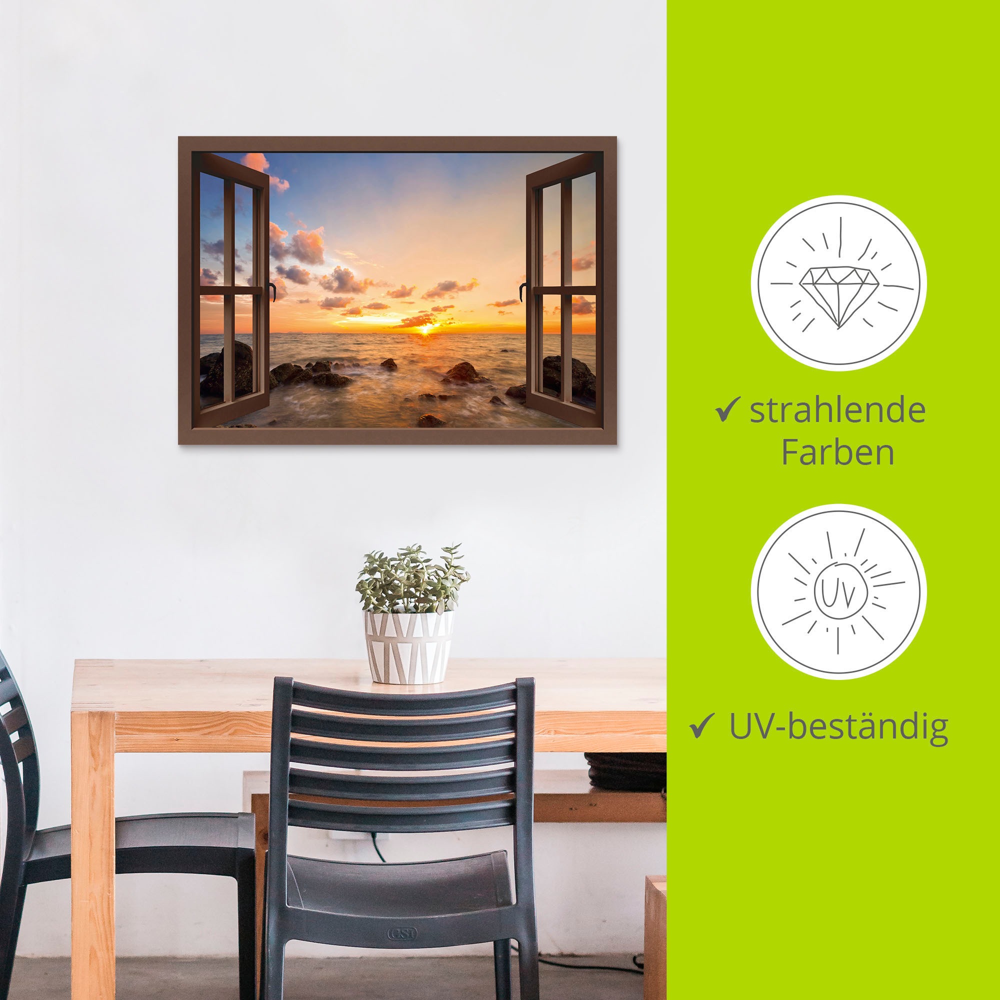 Artland Wandbild »Fensterblick Sonnenuntergang am Meer«, Fensterblick, (1 St.), als Alubild, Outdoorbild, Leinwandbild, Poster, Wandaufkleber