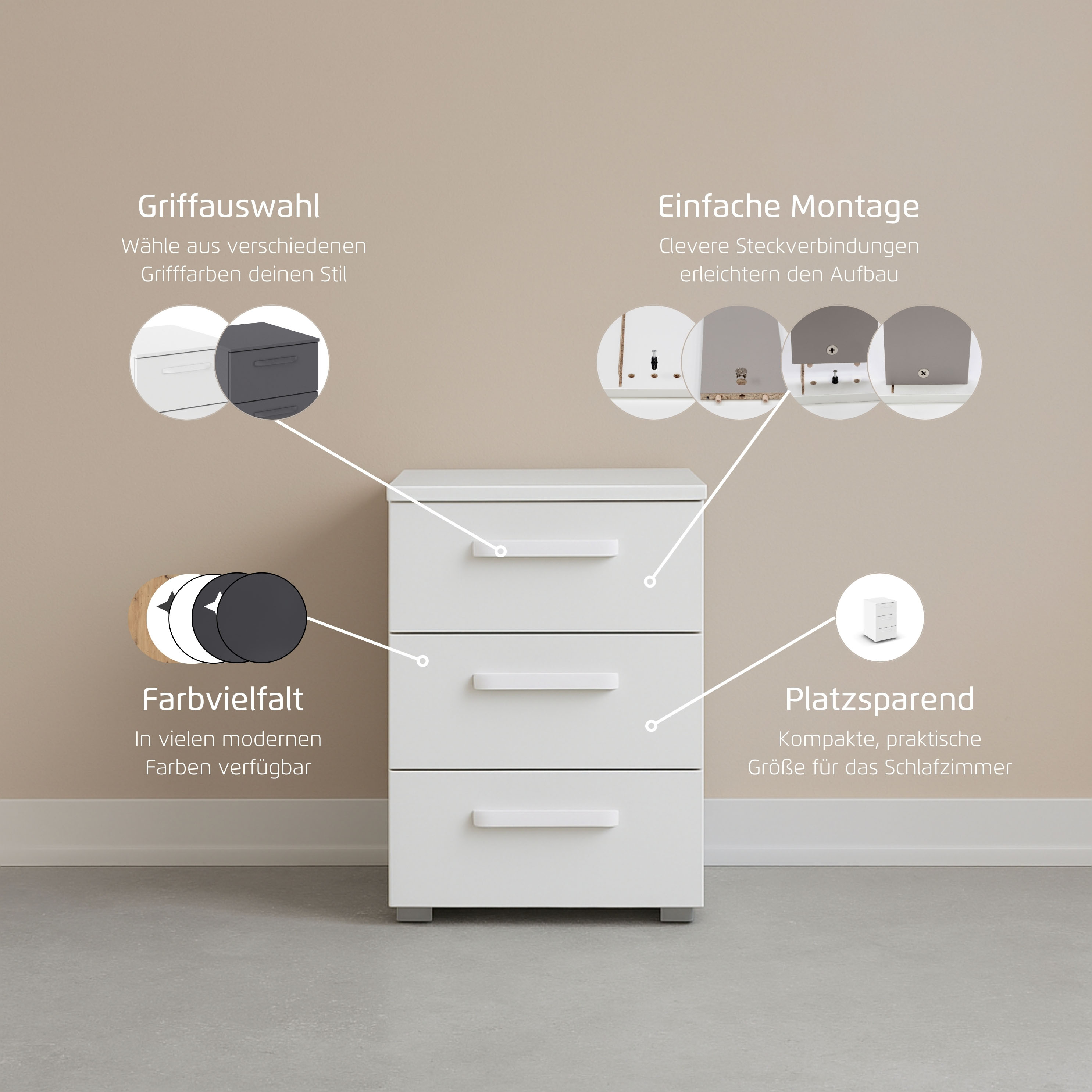 Thumbnail - rauch "Nachttisch Nachtkonsole OTELI in Dekor- oder Hochglanzfront" Breite 40 cm inkl. Soft-Close-Funktion, mit 3 geräum...