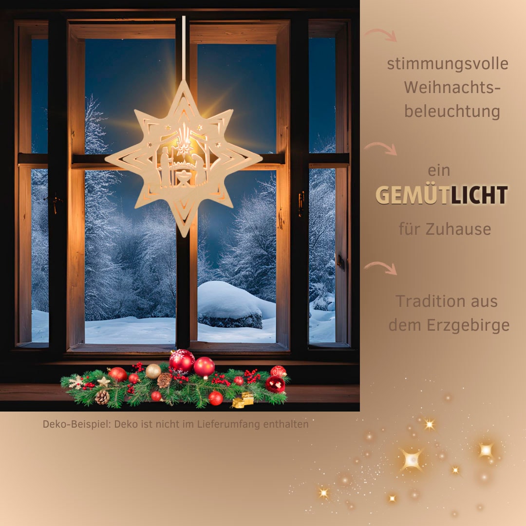 Weigla Dekostern »Christi Geburt, Bethlehem, Fensterbild, NATUR, Made in Germany« Erzgebirge garantiert, Weihnachtsdeko Innen, Weihnachtsbeleuchtung