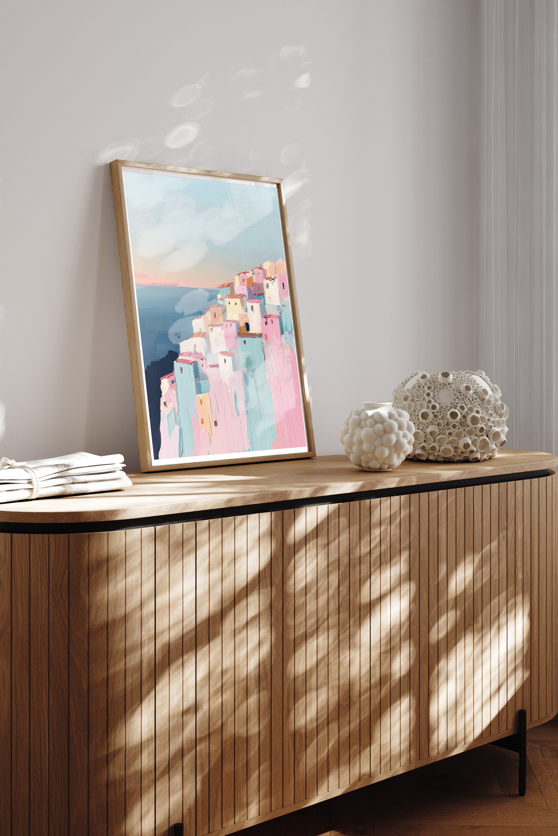 Bild mit Rahmen QUEENCE "Häuser am Meer", farbe rahmen: braun, B:50cm H:70cm T:2,5cm, Holz, Papier, Plexiglas, Bilder, Kunstdruck in Pastell mit einem Echtholzrahmen 2