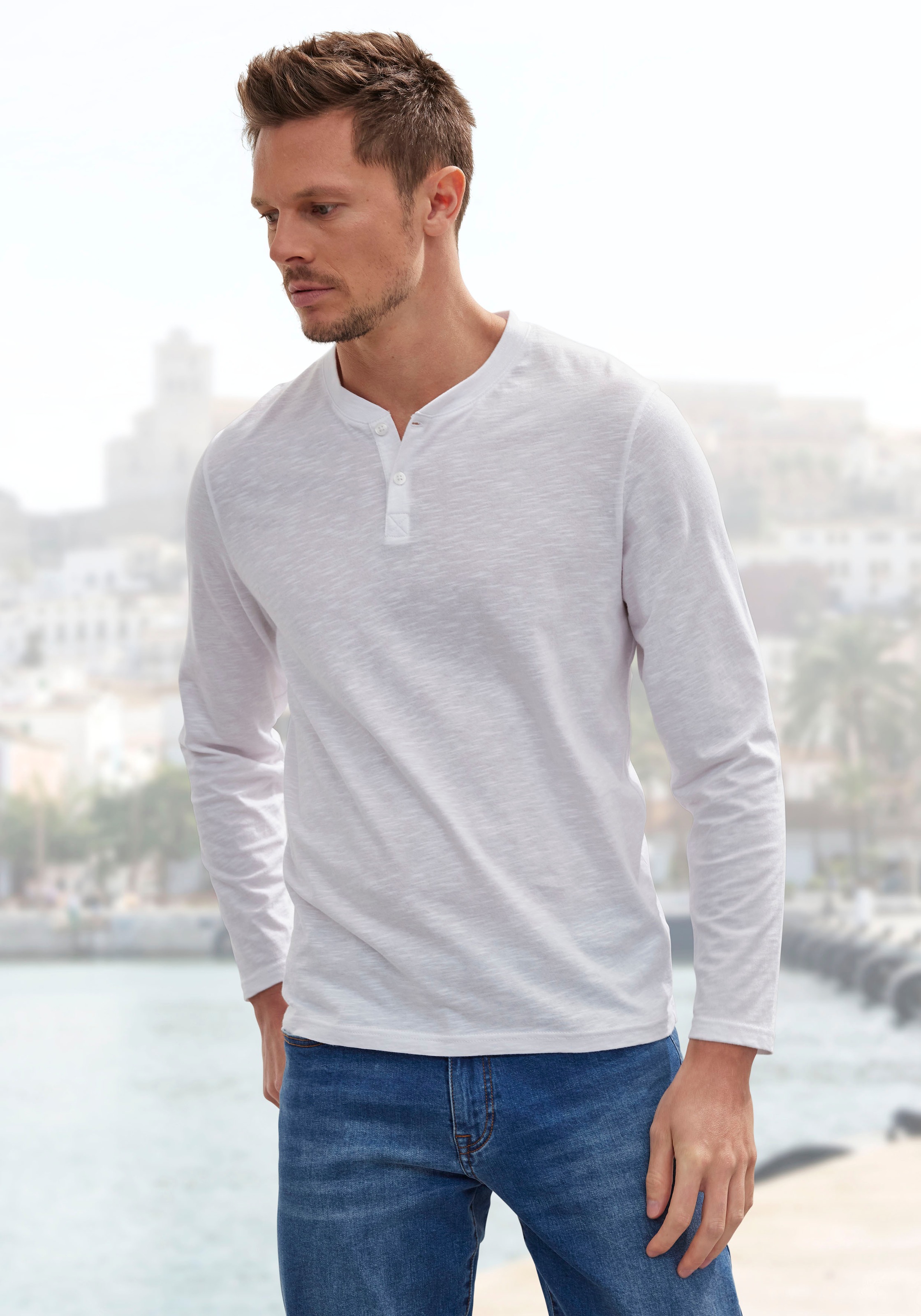 Thumbnail - H.I.S Langarmshirt "- Henleyshirt langarm" Packung, 2 Stk. tlg. Langarm, Shirt mit Knopfleiste aus strukturierter Baumwo...