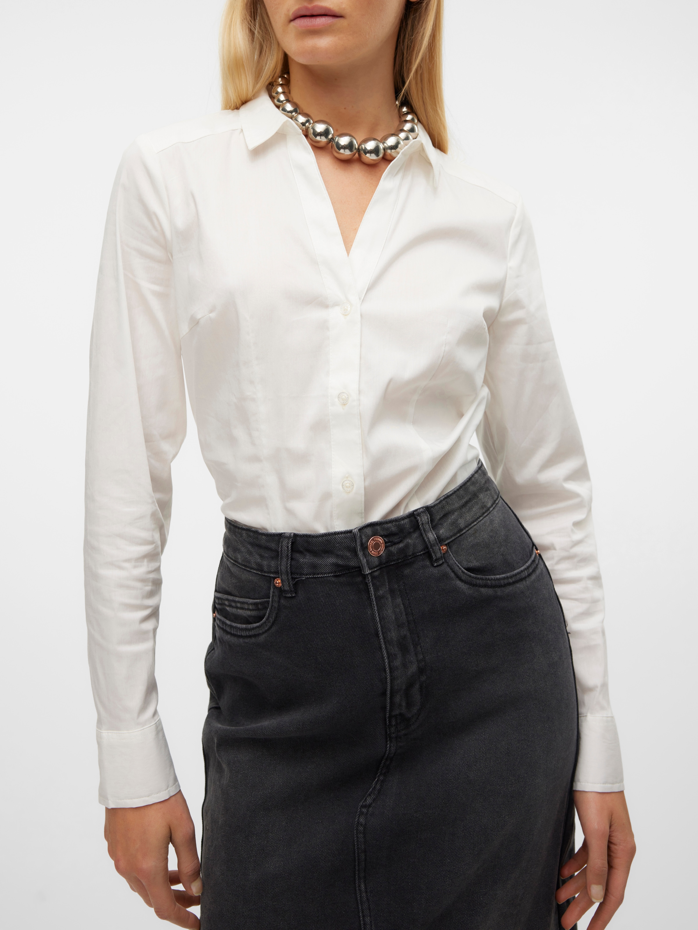 VERO MODA Damen Blusenbody "VMLADY L/S G-STRING SHIRT WVN NEW NOOS", weiß, Gr. L, unifarben, Web, Obermaterial: 75% Baumwolle, 22% Nylon, 3%