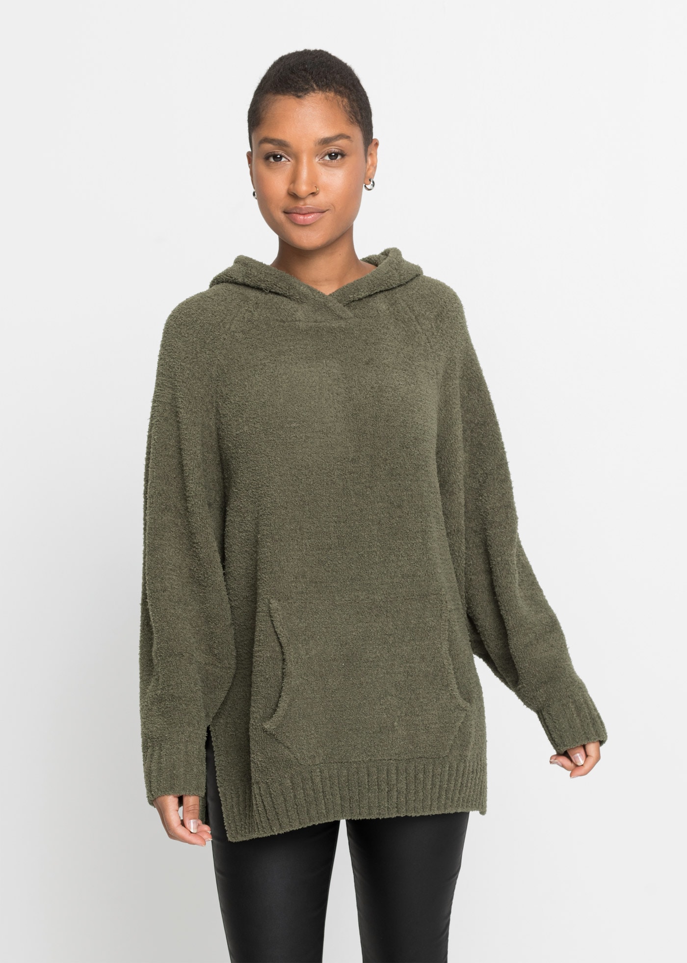 bonprix Strickpullover aus Polyester, mit Kapuze, mit Teddy-Fleece, Oversiz günstig online kaufen