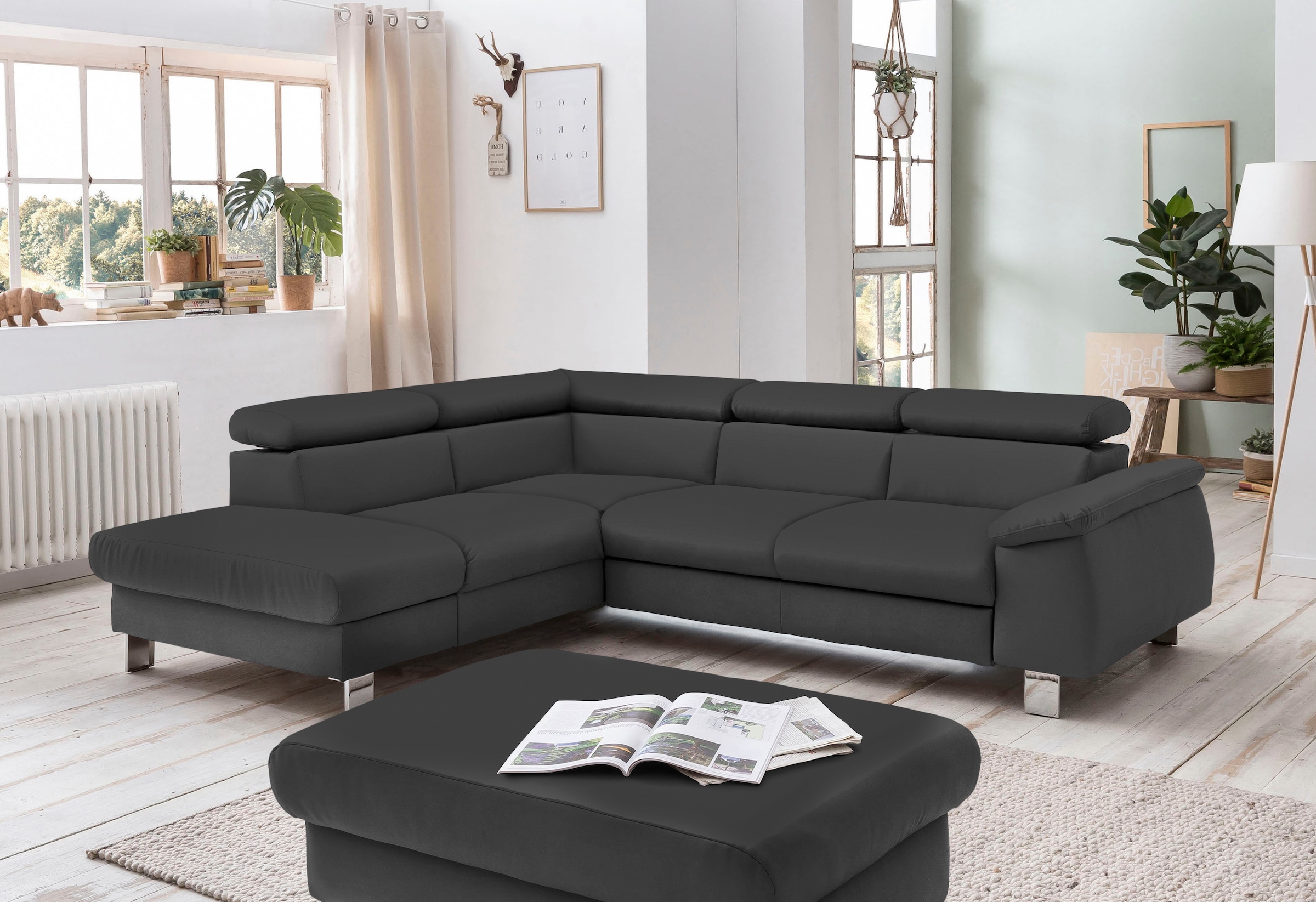 Ecksofa COTTA, B:249cm H:72cm, schwarz, Microfaser PRIMABELLE (100% Polyester);Kunstleder SOFTLUX;Feinstruktur (100% Polyester);Kunstleder
