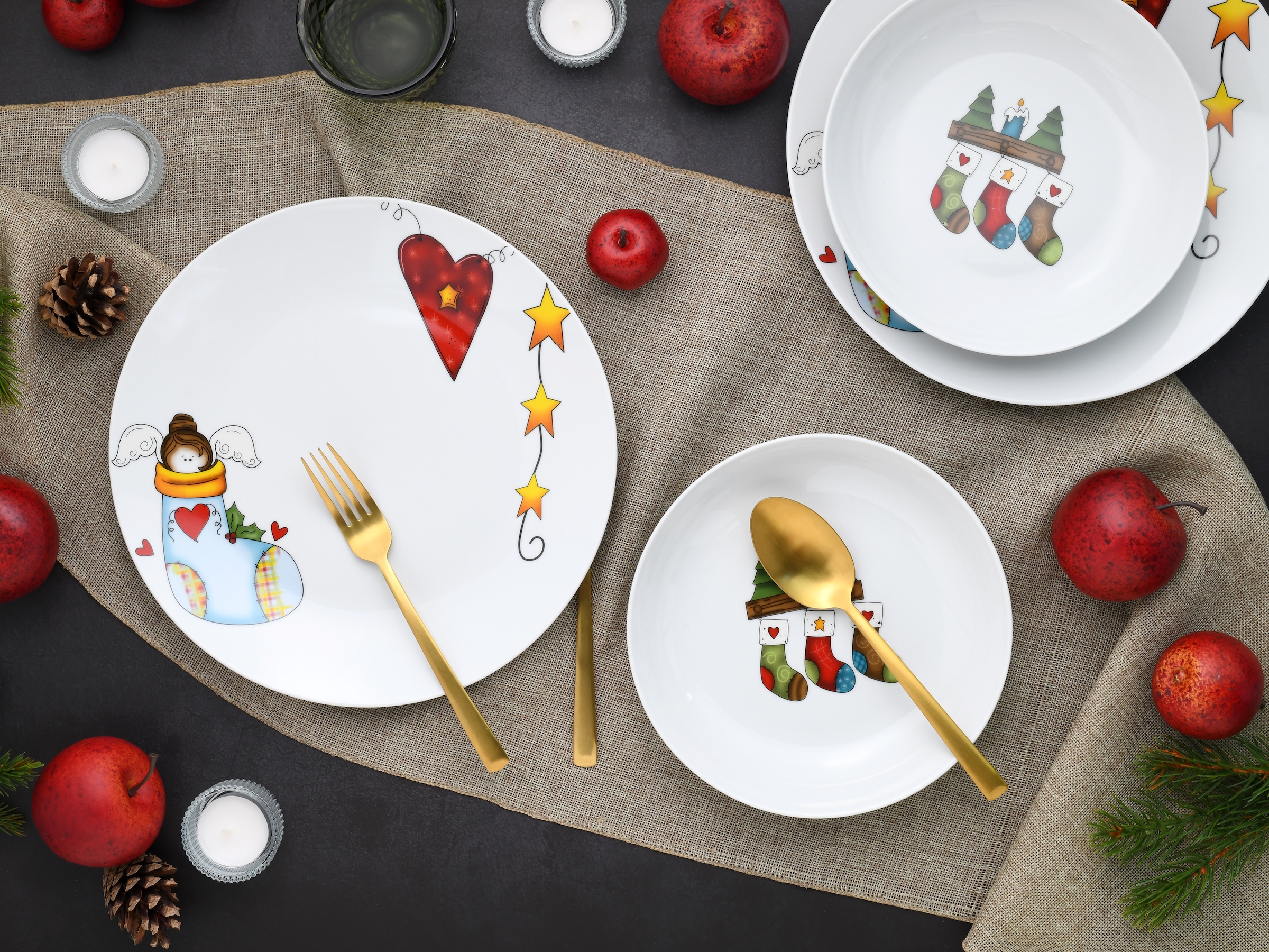 CreaTable Tafelservice »Luna Socken, Tafel-Service 12-tlg«, (Set, 12 tlg.), Winterlicher Dekor mit lustigen Sockenmotiven