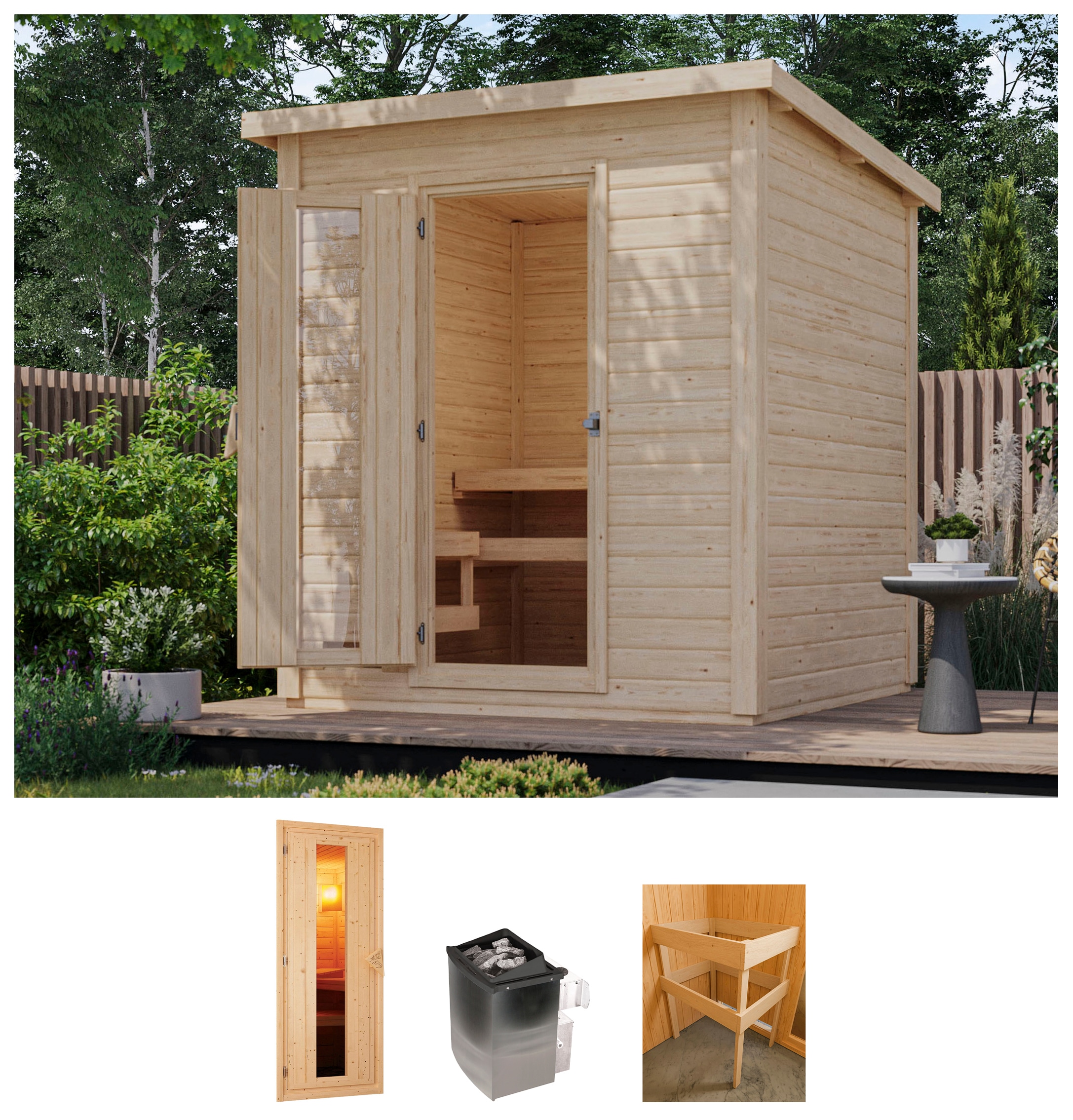 KARIBU Saunahaus "Talo 2", Saunaofen, integrierte Steuerung, 9 kW, beige, Garten, Saunen, Ofen 9 kW integr. Strg