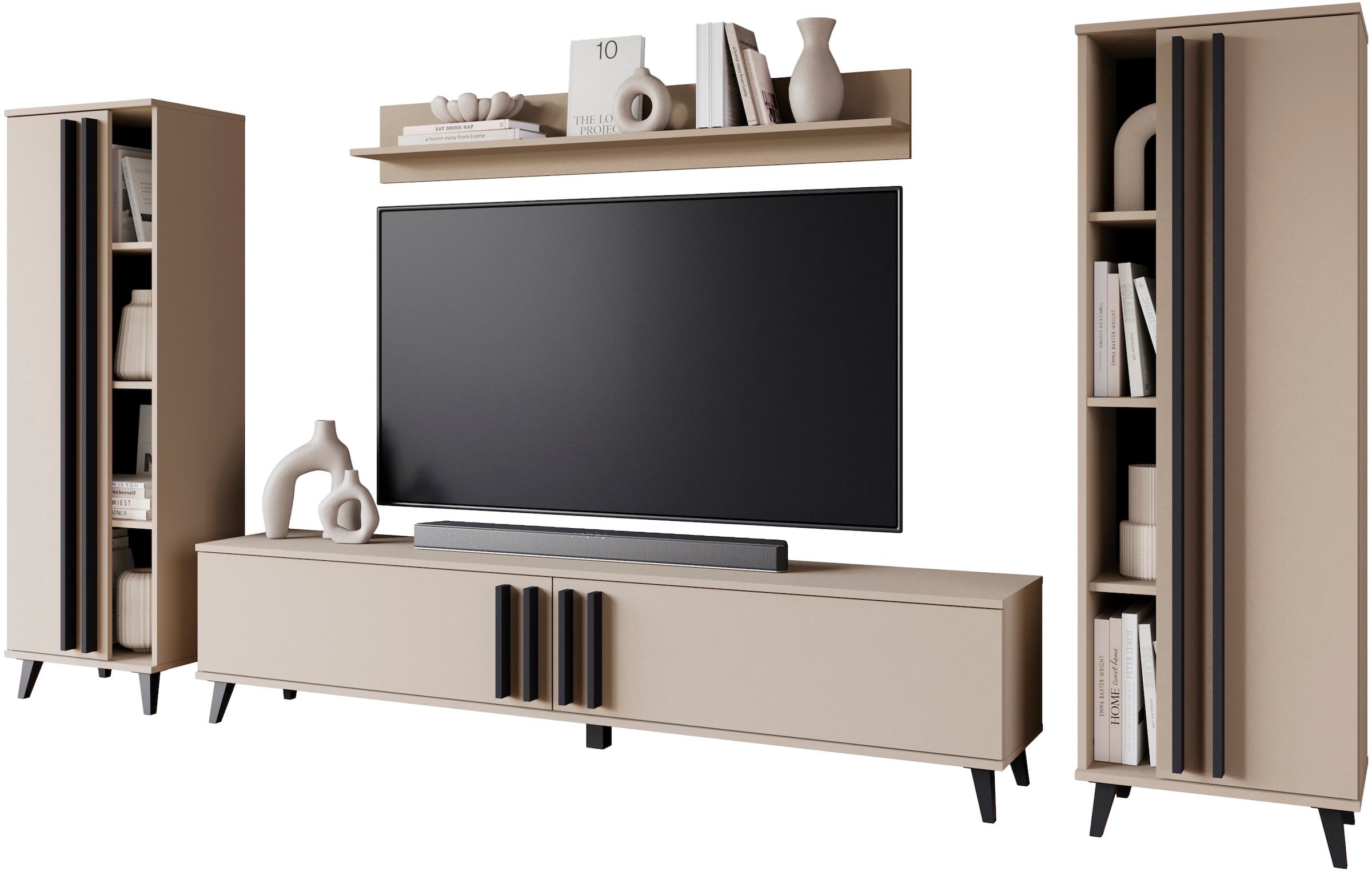 INOSIGN Wohnwand »Helsinki, Modernes Möbelset«, (Komplett-Set, 4 St.), mit lamellengriffen, verstellbaren Einlegeböden und Kunststofffüßen