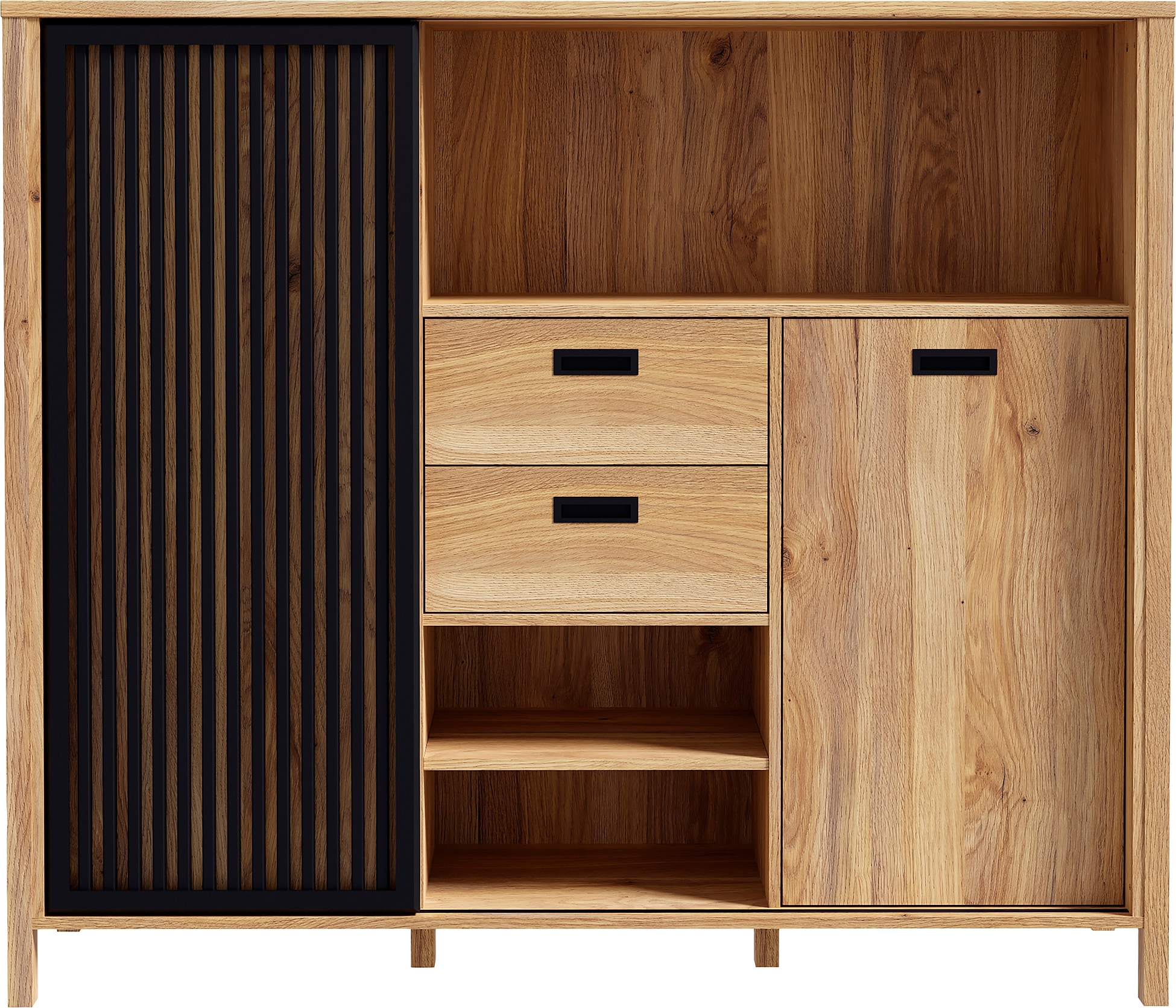 FORTE Highboard »Jytana«, Breite 149,9 cm, Schiebetüre mit Lamellenoptik, Mauvella Eiche/Schwarz