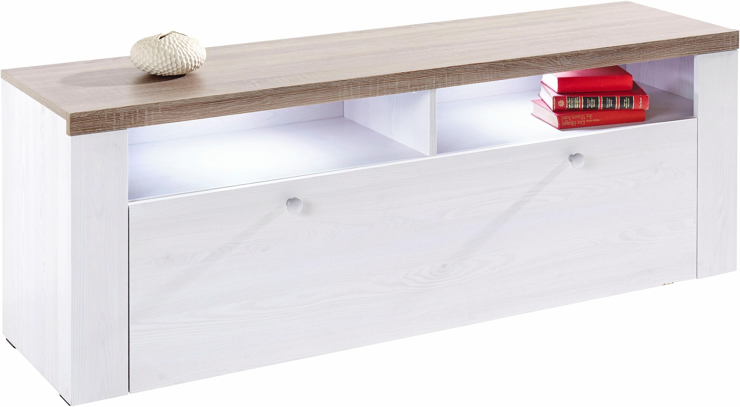 OTTO home Lowboard "Larona, zeitloses TV Board mit 1 Klappe und 2 offenen Fächern" Breite 140 cm, Fernsehbank, viel Stauraum, dekorative Rahmenoptik