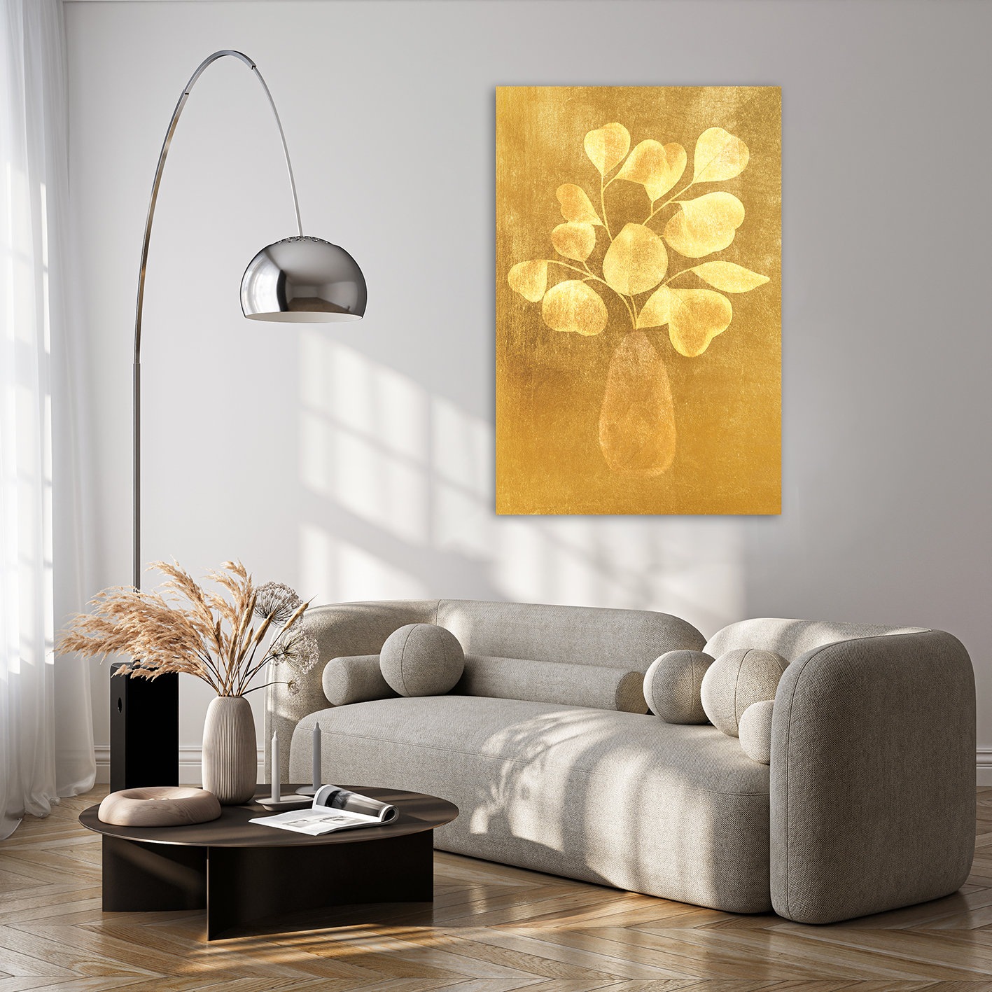 queence Gemälde »Aluminium Bild Goldeffekt Blumen in Vase« Blumen | Blumenbilder | Pflanzenbilder Alu Dibond mit gebürsteter Struktur für einen edlen Metall Effekt