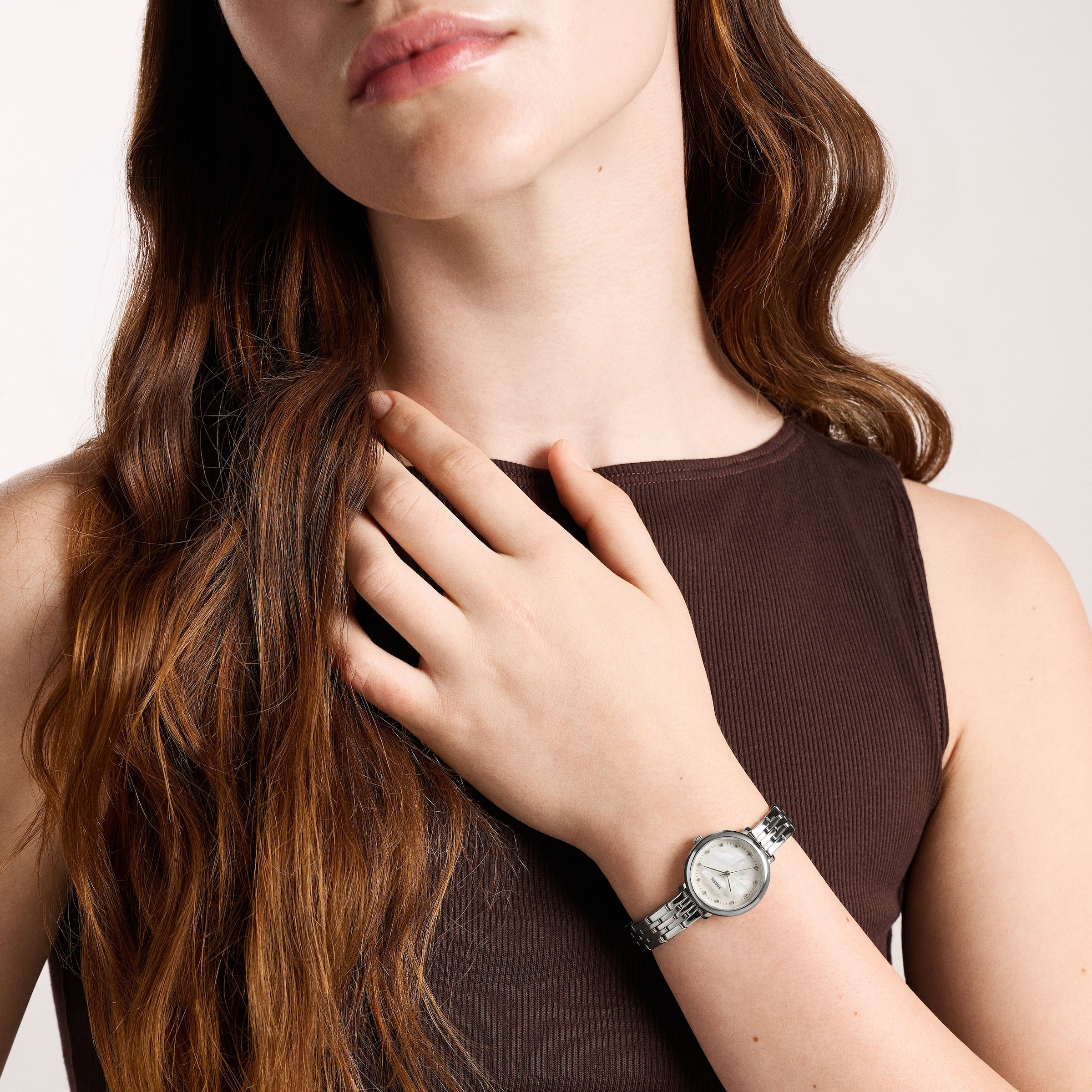 Fossil Quarzuhr »Heidi« Armbanduhr, Edelstahlarmband, analog, Glassteine