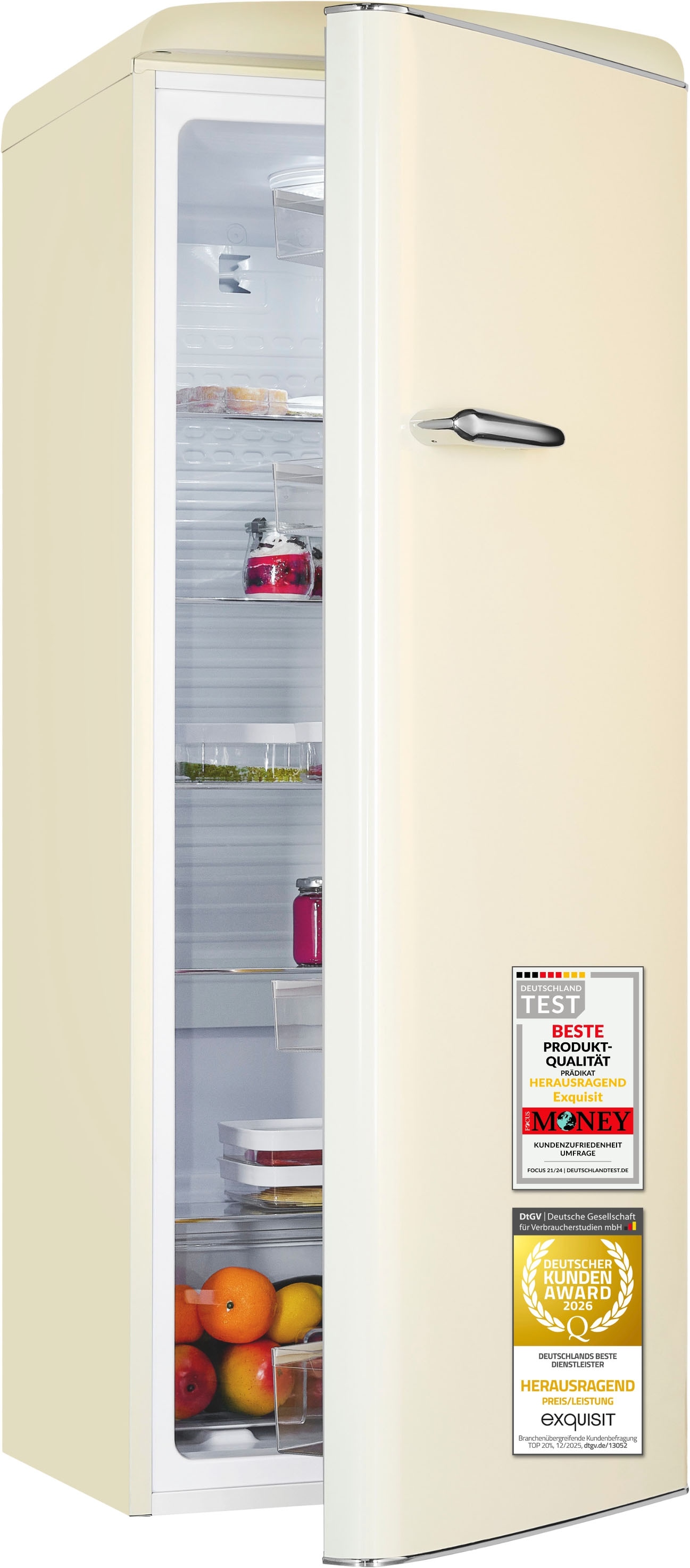 exquisit Kühlschrank "RKS325-V-H-160C magnolienweiss" 146,5 cm hoch 54,5 cm breit LED-Beleuchtung, verstellbare Glasböden, Retro-Design