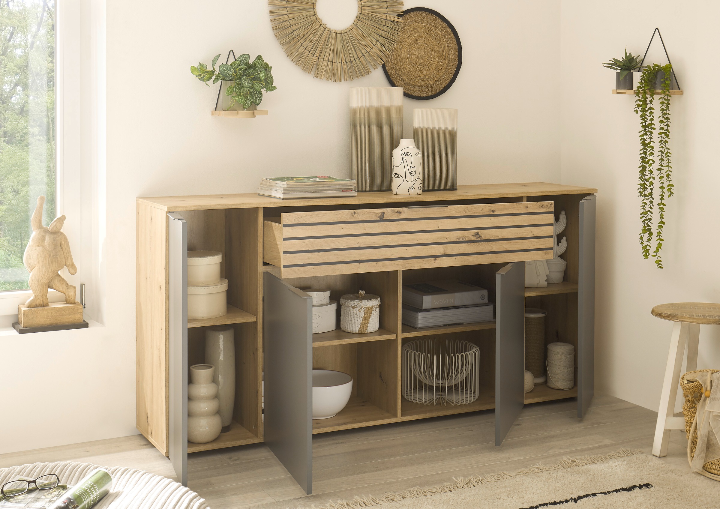 HBZ Sideboard »BZ 5110«, (1 St.), weiß oder Grau, Wohnzimmerschrank mit Absetzungen in Eiche Artisan