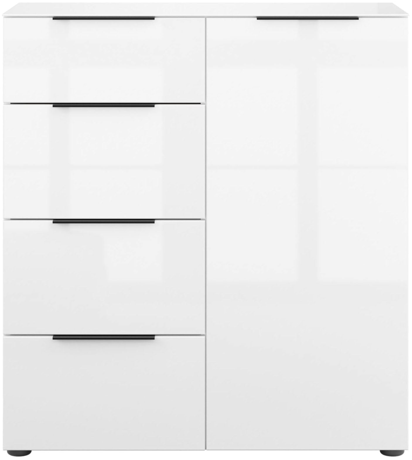 Manjana Möbel Highboard "mit Chrom oder Schwarz matten Metallgriffen & Glasfront, Soft-Close" melaminbeschichteter Korpus, mit Vollauszug, Made in Germany