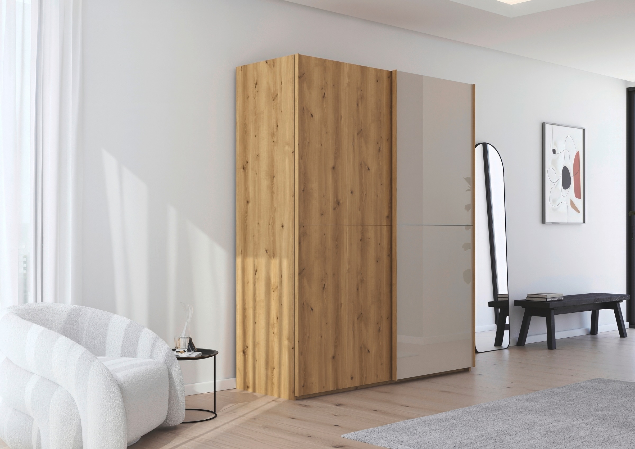 rauch Schwebetürenschrank »Kleiderschrank Schrank Garderobe Schlafzimmerschrank SCALE-WOOD«, edle geteilte Front in massiver Asteiche mit Glastüren MADE IN GERMANY