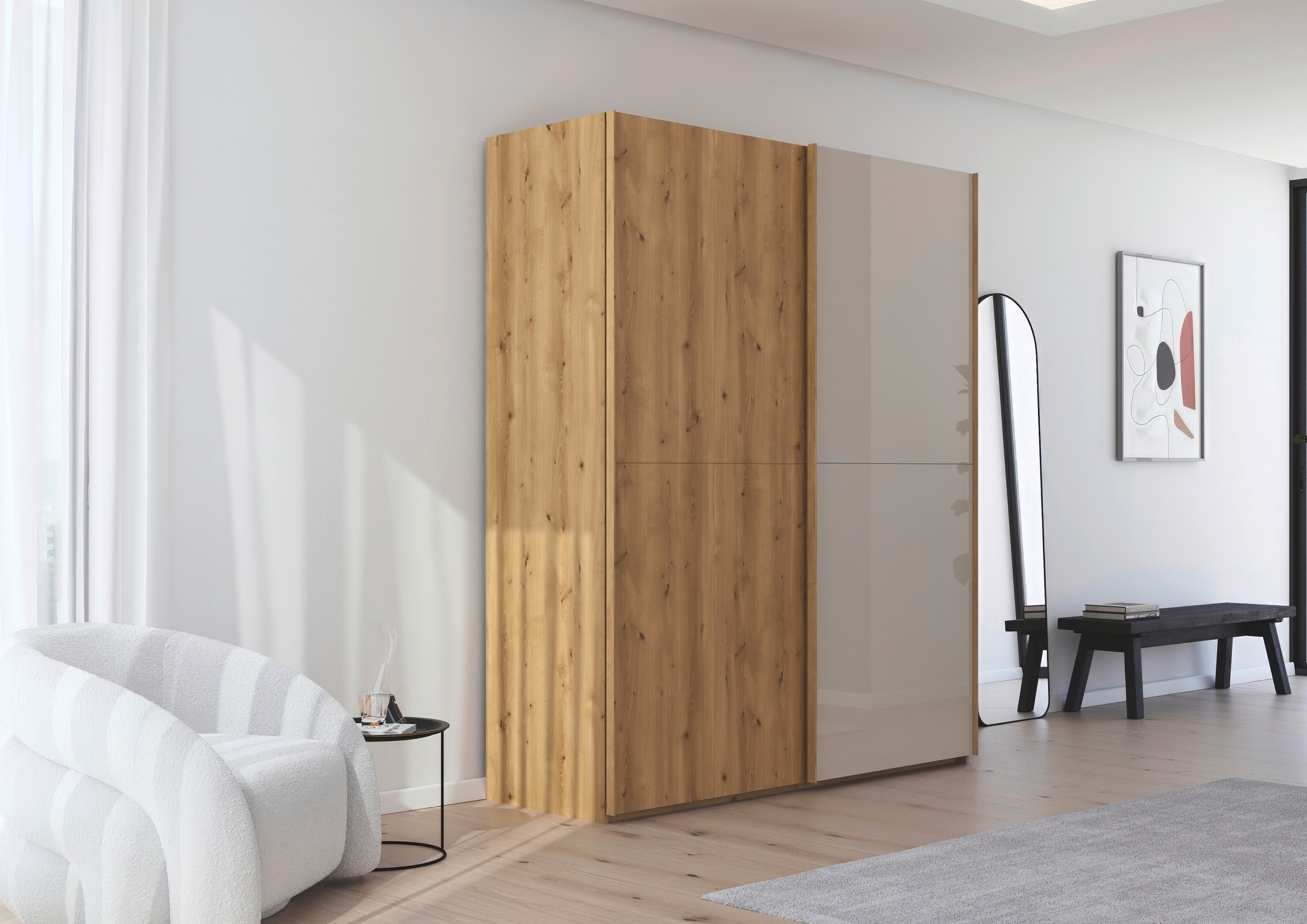 Thumbnail - rauch Schwebetürenschrank "Kleiderschrank Schrank Garderobe Schlafzimmerschrank SCALE-WOOD", edle geteilte Front in mass...