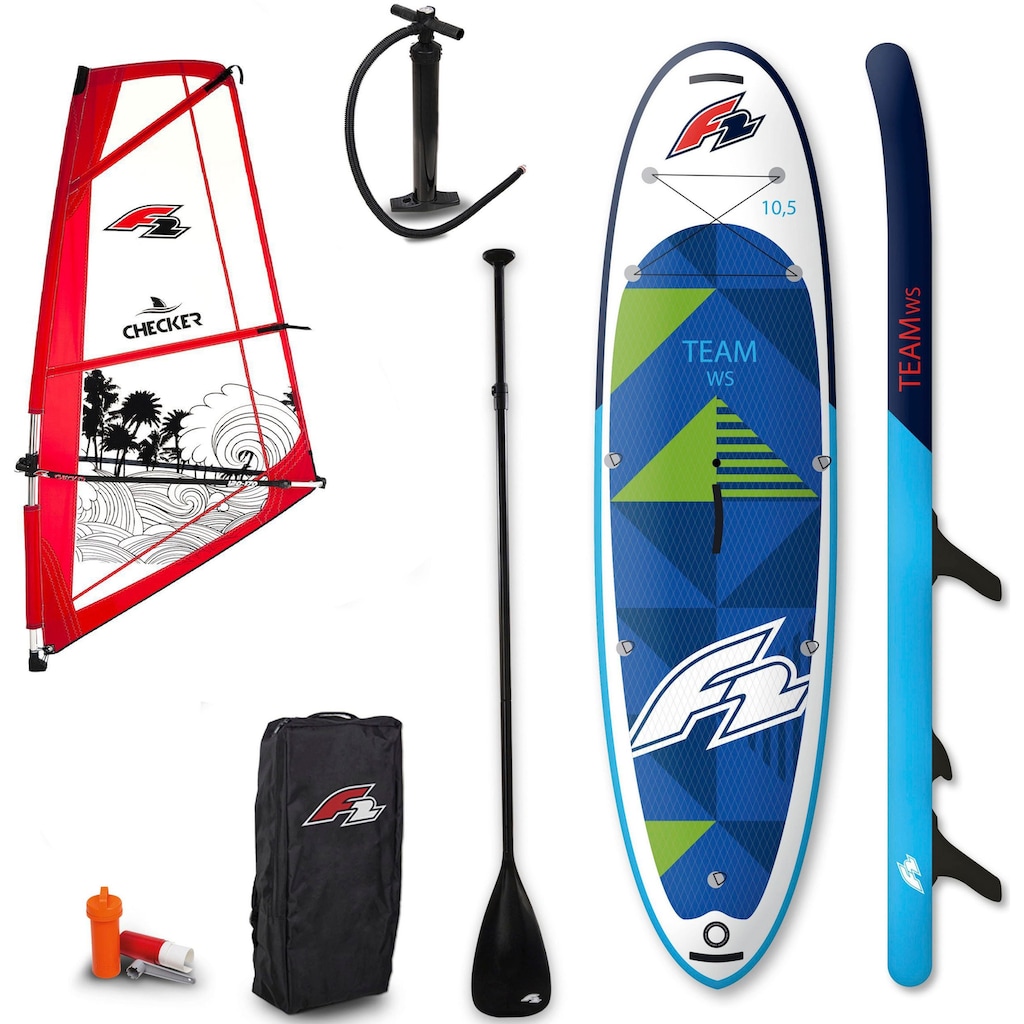 F2 Windsurfboard »Team WS 10,5 Set mit Checker Rigg 4,5m²«, (Set, 16 tlg., mit Paddel, Pumpe, Transportrucksack und Segel)