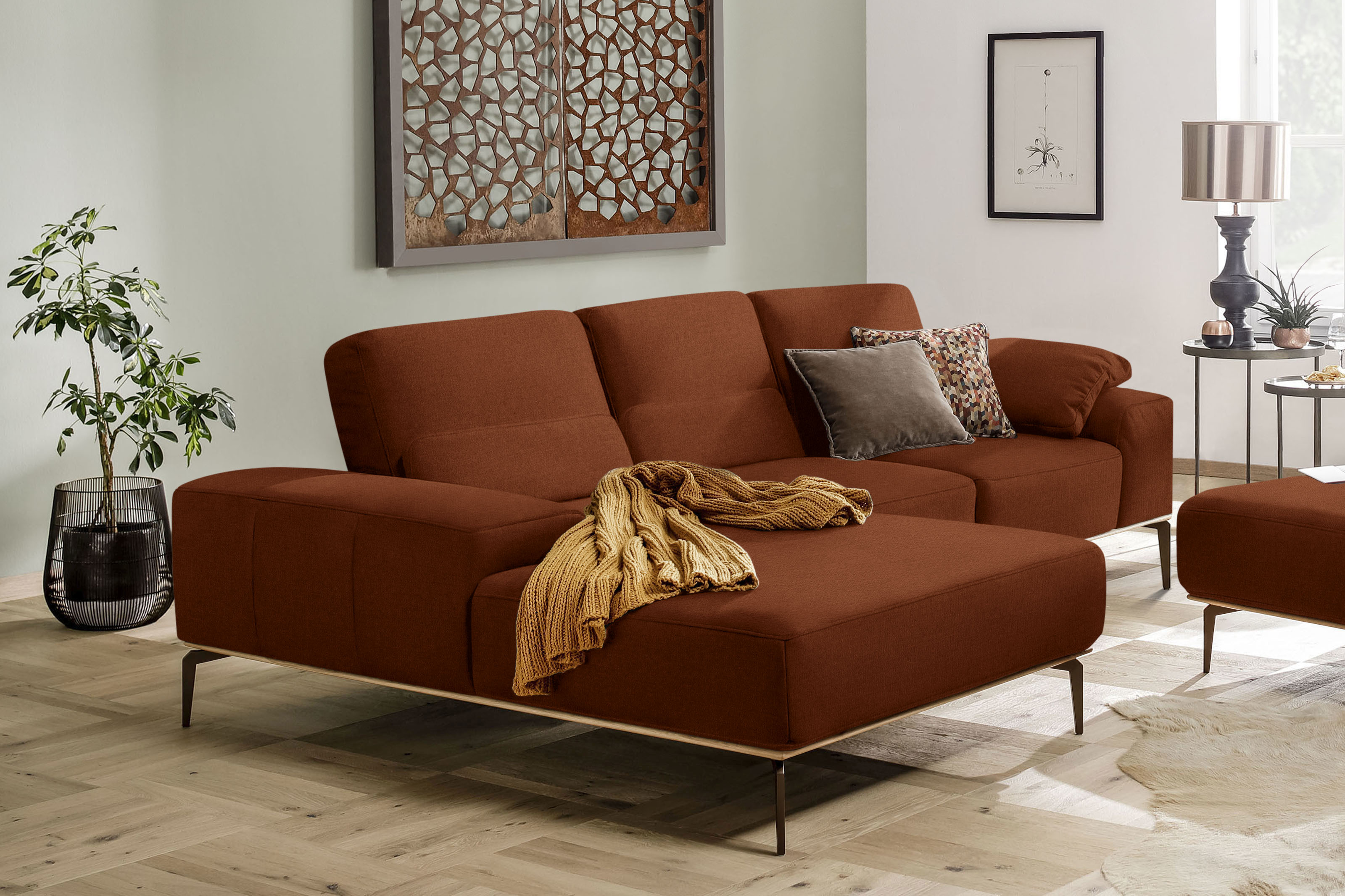 W.SCHILLIG Ecksofa "run, Designsofa mit tollem Sitzkomfort, bequem, L-Form" mit Holzsockel, Füße in Bronze pulverbeschichtet, Breite 279 cm