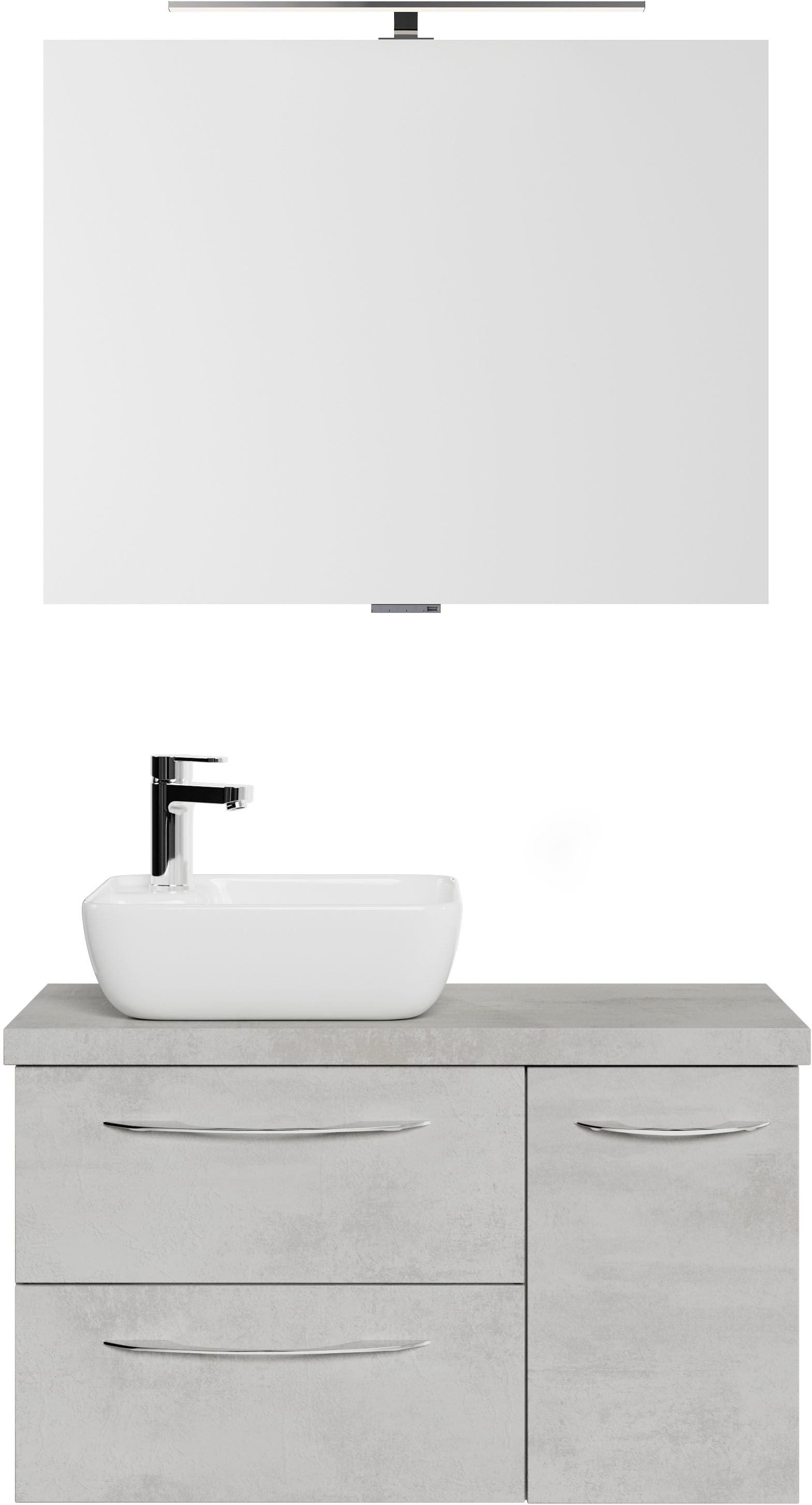 Saphir Badmöbel-Set »Serie 4035 2-teilig, Keramik-Aufsatzbecken mit LED-Spiegel, 90cm breit«, (Set), Waschplatz inkl. Türdämpfer, 1 Tür, 2 Schubladen, Griffe Chrom Glanz