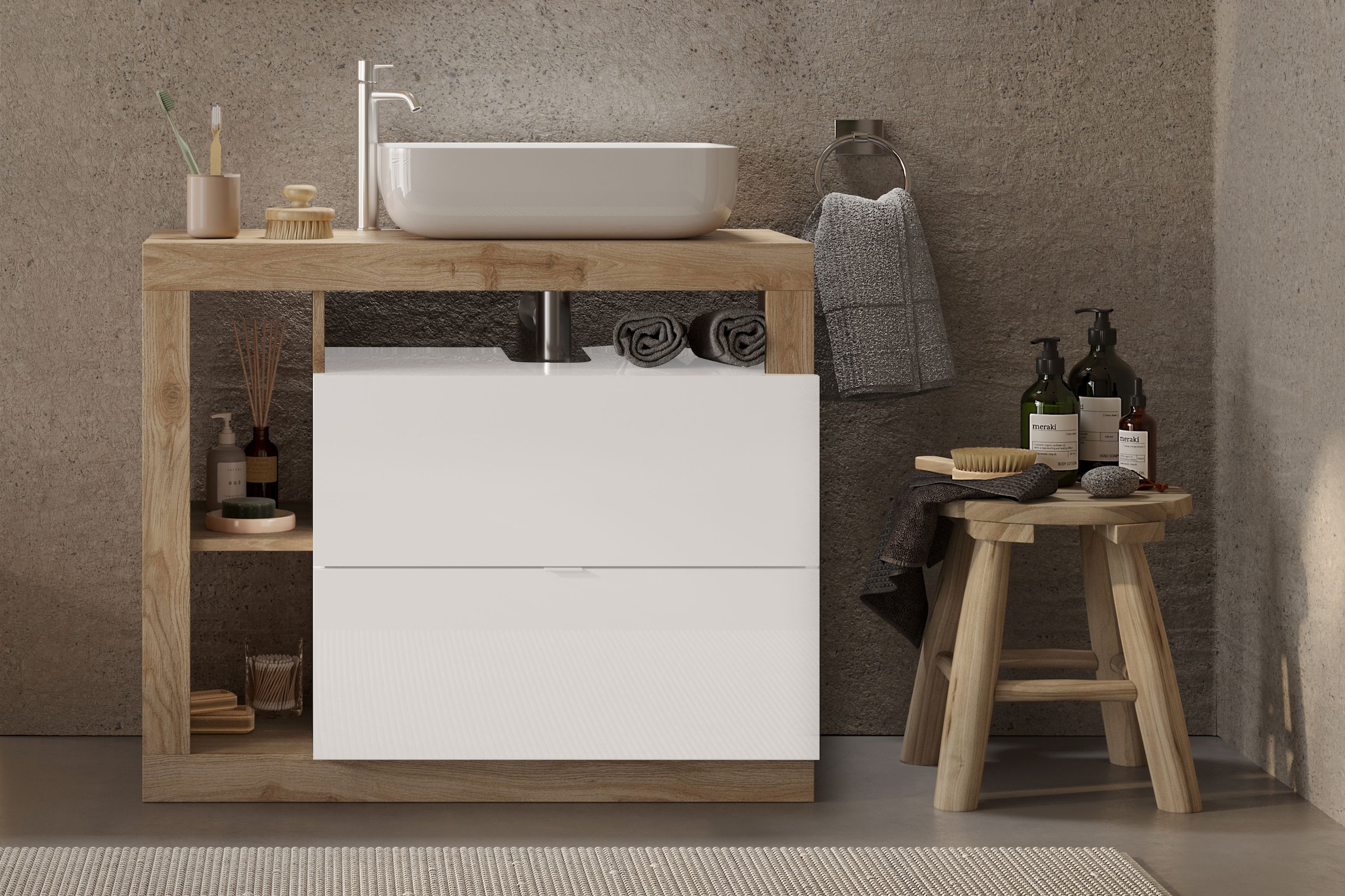 welltime Waschtisch »Hamburg« 2 Schubkästen, Breite 92 cm, Soft-Close, inkl. Keramik-Aufsatzbecken