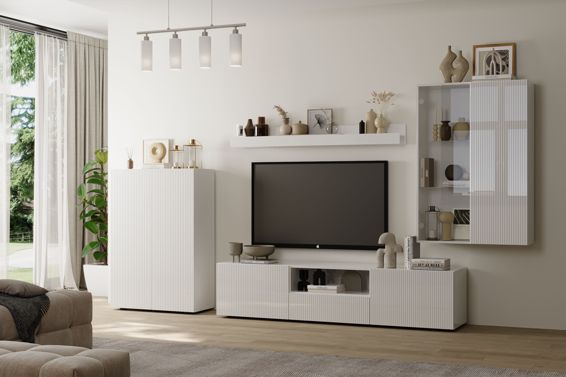INOSIGN Wohnwand »Rio, 4tlg. Breite 300 cm, modernes, elegantes Wohnzimmer-Set«, (4 St.), (Lowboard, Highboard, Hängevitrine, Wandboard), Front geriffelt