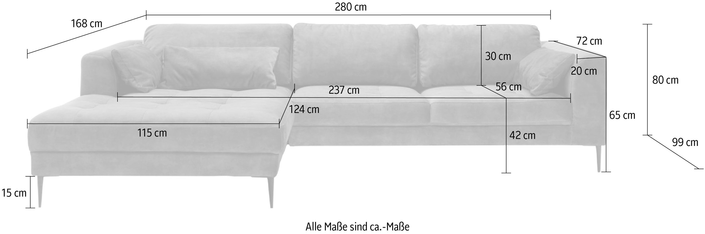 TRENDMANUFAKTUR Ecksofa »Luzi, wahlweise mit Schlaffunktion und Bettkasten bestellbar, L-Form«, Designsofa mit tollem Sitzkomfort, Metallfüße schwarz, Breite 280 cm