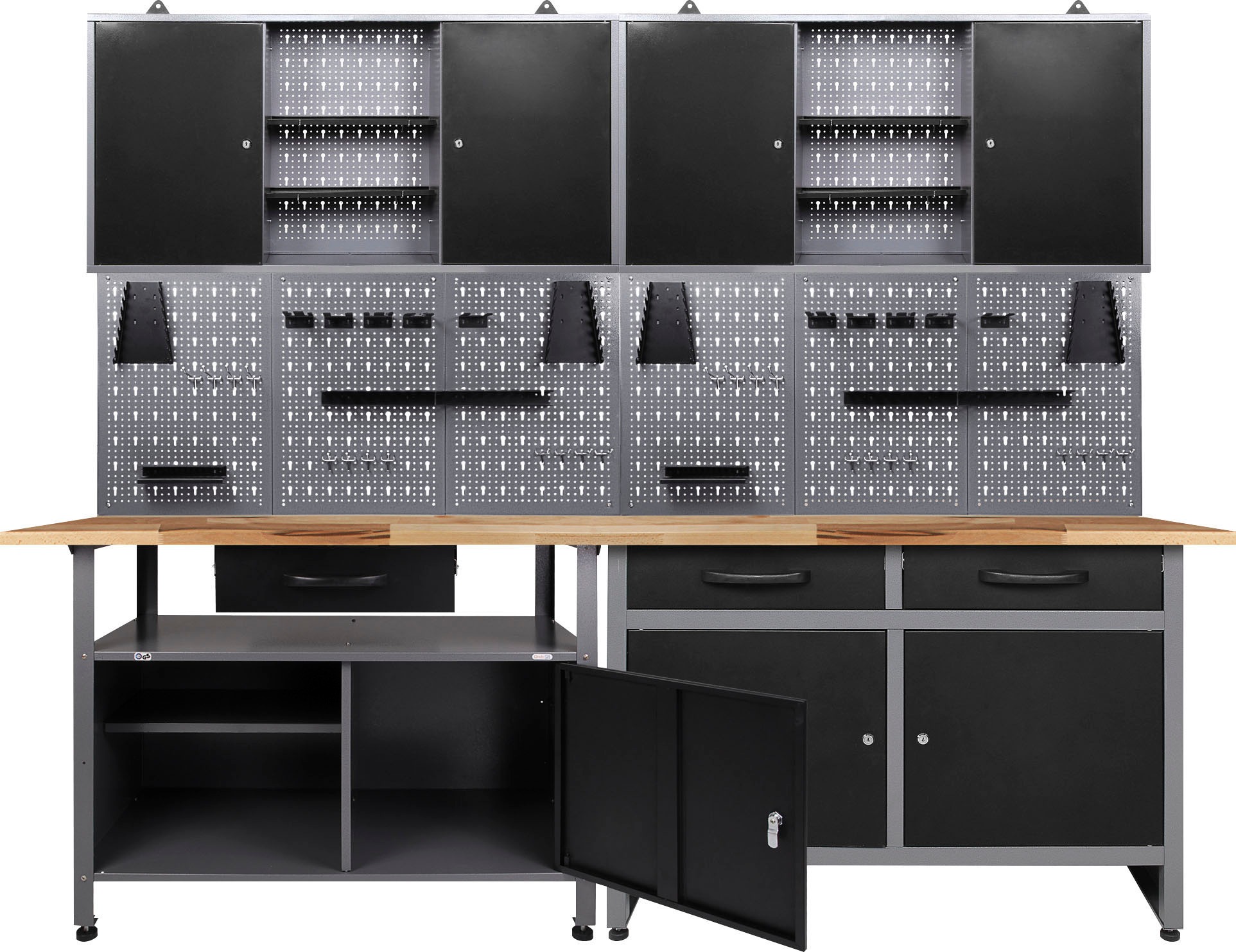 ONDIS24 Werkstatt-Set, B:240cm H:205cm T:60cm, schwarz, Werkbänke, 2x Werkbank, 2x Werstattschrank, 2x Lochwand