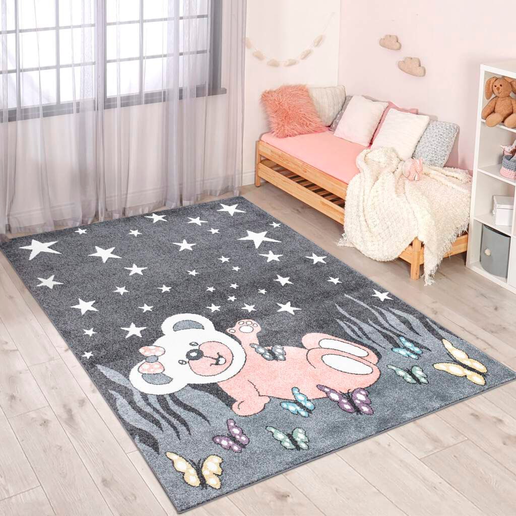 Carpet City Kinderteppich "ANIME916", rechteckig, 11 mm Höhe, Kinderzimmer Teppich Modern mit Mond, Blumen, Wolken, Crem