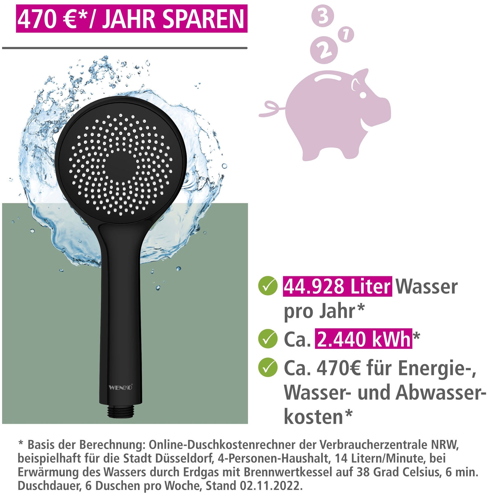 WENKO Handbrause »Watersaving«, (1 tlg.), Schwarz matt, Ø 9,5 cm