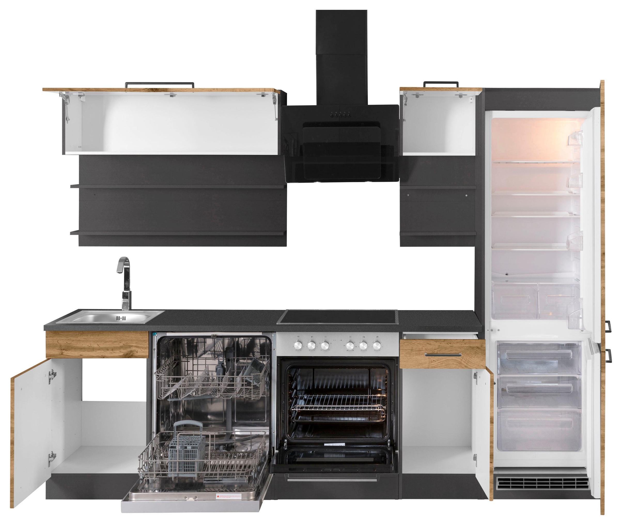 KOCHSTATION Küchenzeile »KS-Tulsa« mit E-Geräten, Breite 270 cm, schwarze Metallgriffe, MDF Fronten