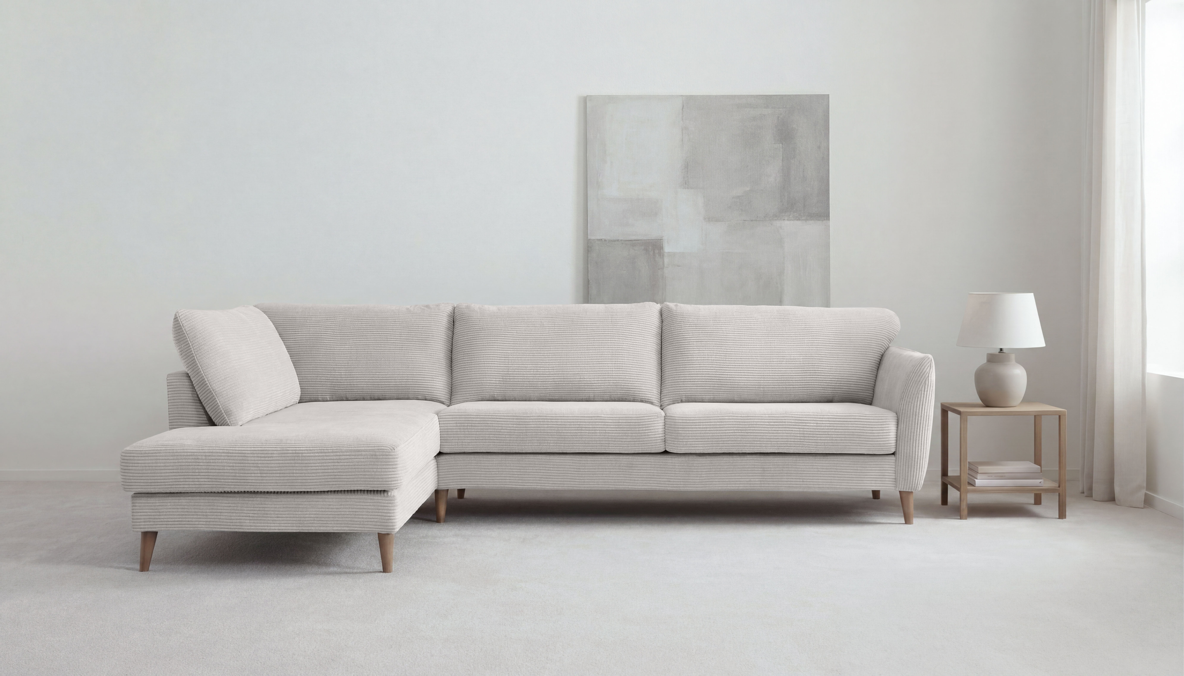 OTTO home Ecksofa "MARSEILLE 278/202 cm, L-Form, Ottom. rechts/links, verschiedene Bezüge" Massivholzbeine Eiche, Landhausstil, Wellenunterfederung