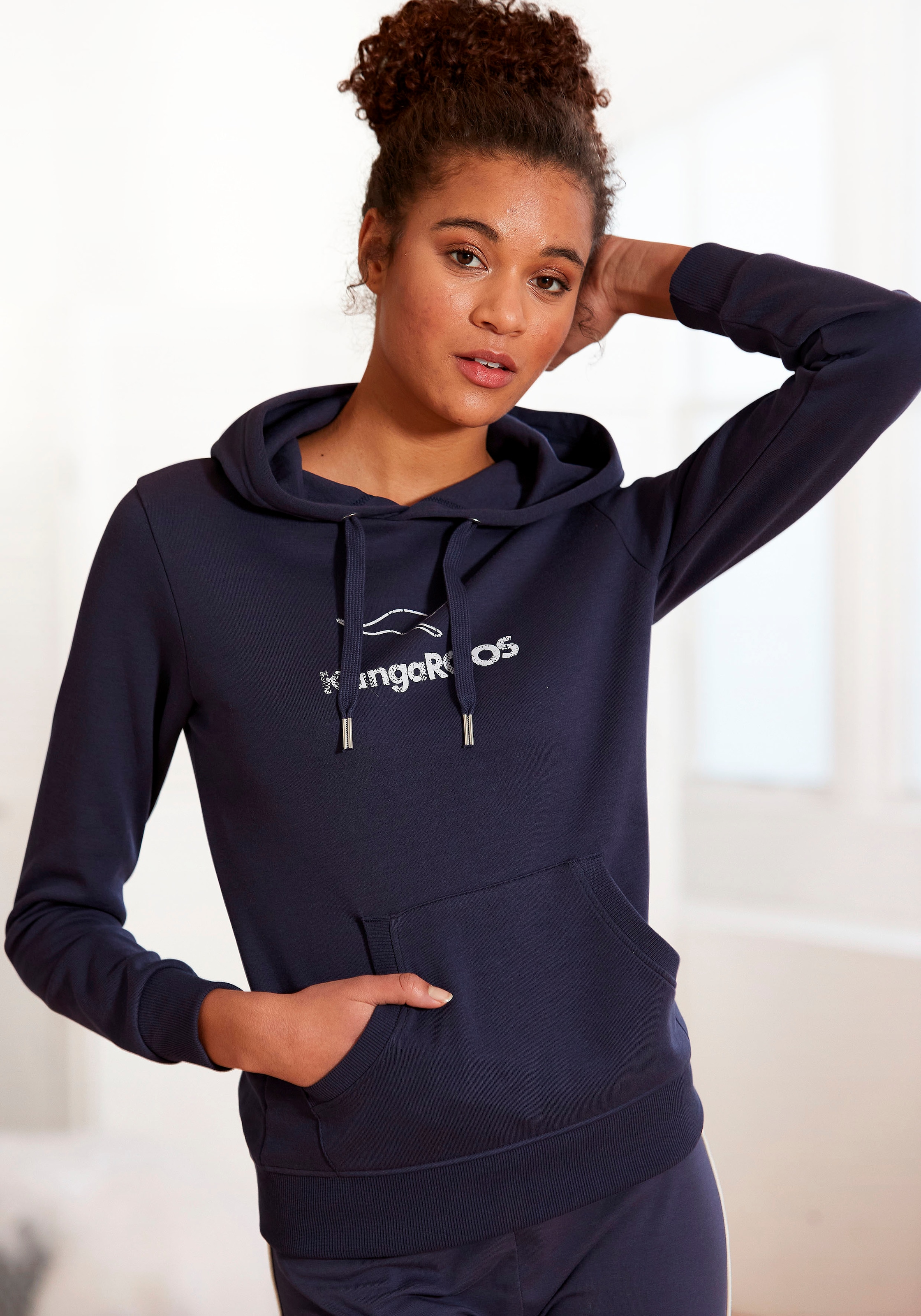 KANGAROOS Damen Hoodie, Gr. 44, blau, Interlock, Obermaterial: 60% Baumwolle, 40% Polyester, unifarben, Basic, Sweatshirts, mit Kängurutasche,