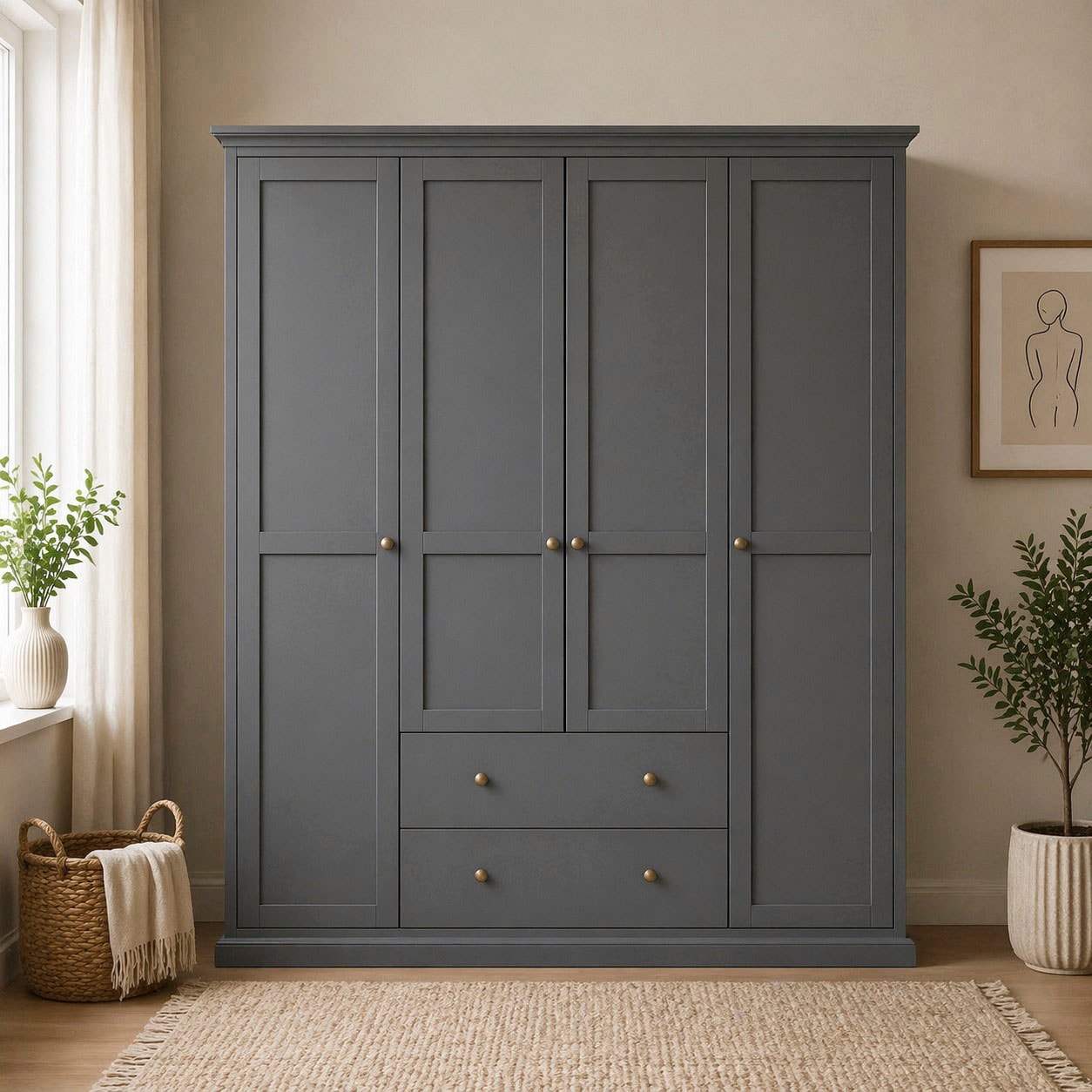Home affaire Kleiderschrank »Paris im Landhausstil mit viel Stauraum, B/HT ca. 180x200x65 cm« 4 Türen, Böden, Stange & Schubladen für optimale Ordnung