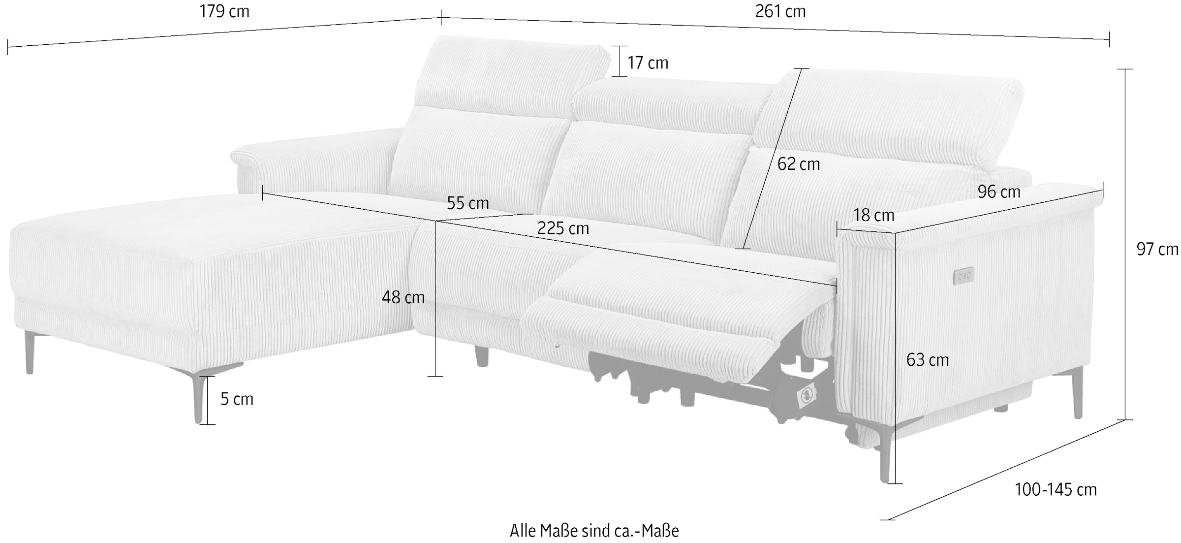 Places of Style Ecksofa »Lund in Cord, L-Form, 261 cm, mit manueller«, o. elektrischer Relaxfunktion, USB, Kopfteilverstellung