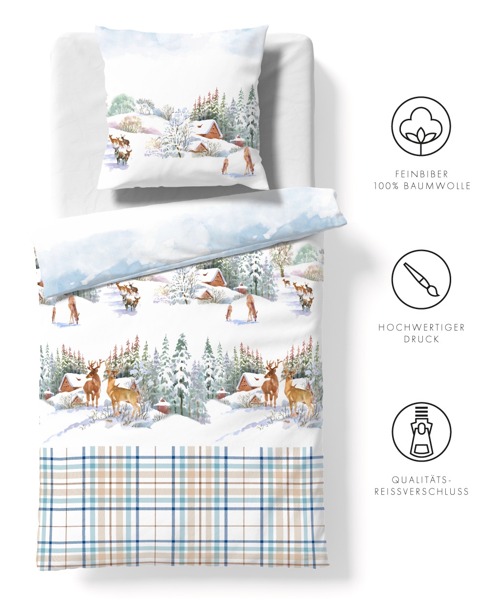 fleuresse Bettwäsche "Aspen" Feinbiber mit Winterlandschaft und Karo Dessin günstig online kaufen