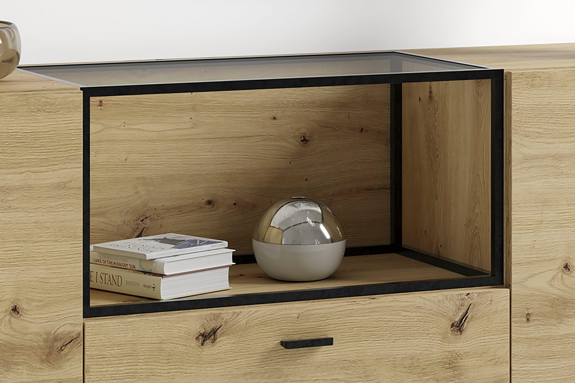 byLIVING Sideboard »Frame« 1 Stk. tlg. moderne Kommode mit Metalleinsatz und Glasplatte, 200cm breit.