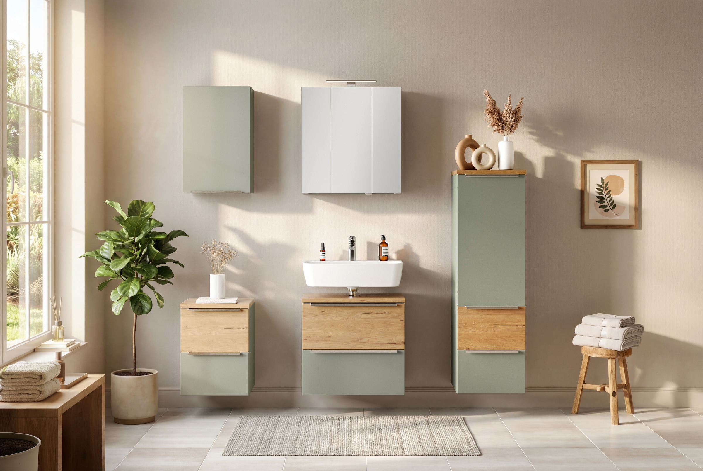 welltime Midischrank »TRIENT, Midischrank 40 cm, Softclose-Auszüge und gedämpfte Scharniere« Maße (B/H/T): ca. 40/130/35 cm,  Schilfgrün/Wildeiche, Softclose-Metallauszüge