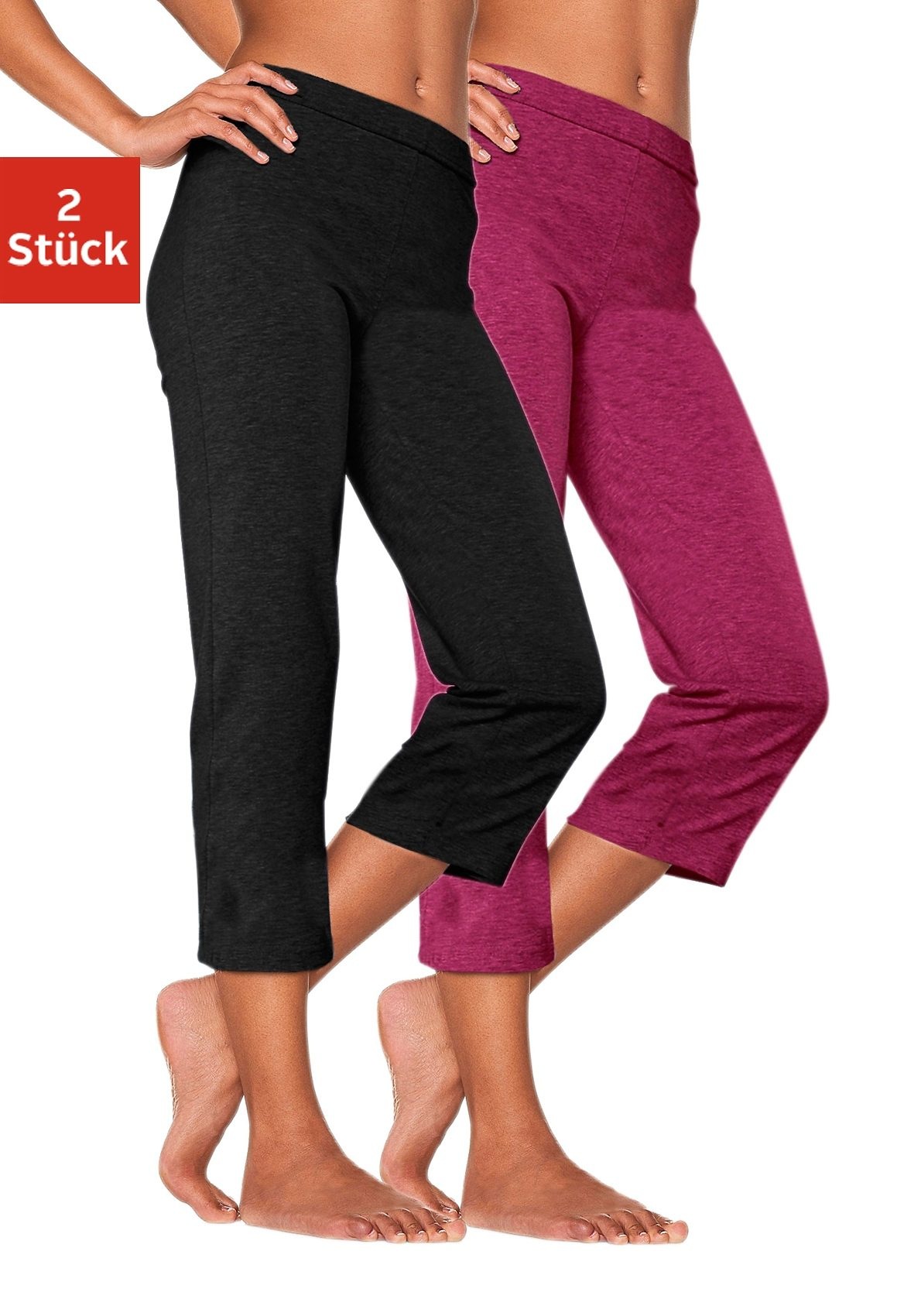 Caprihose VIVANCE ACTIVE, Damen, Gr. 40/42, N-Gr, rosa (1x schwarz, 1x himbeere), Single Jersey, Obermaterial: 95% Baumwolle, 5% Elasthan. Obermaterial 2: 60% Baumwolle, 35% Polyester, 5% Elasthan, unifarben, Basic, eng 3/4-Länge, Hosen Caprihose, mit Gum