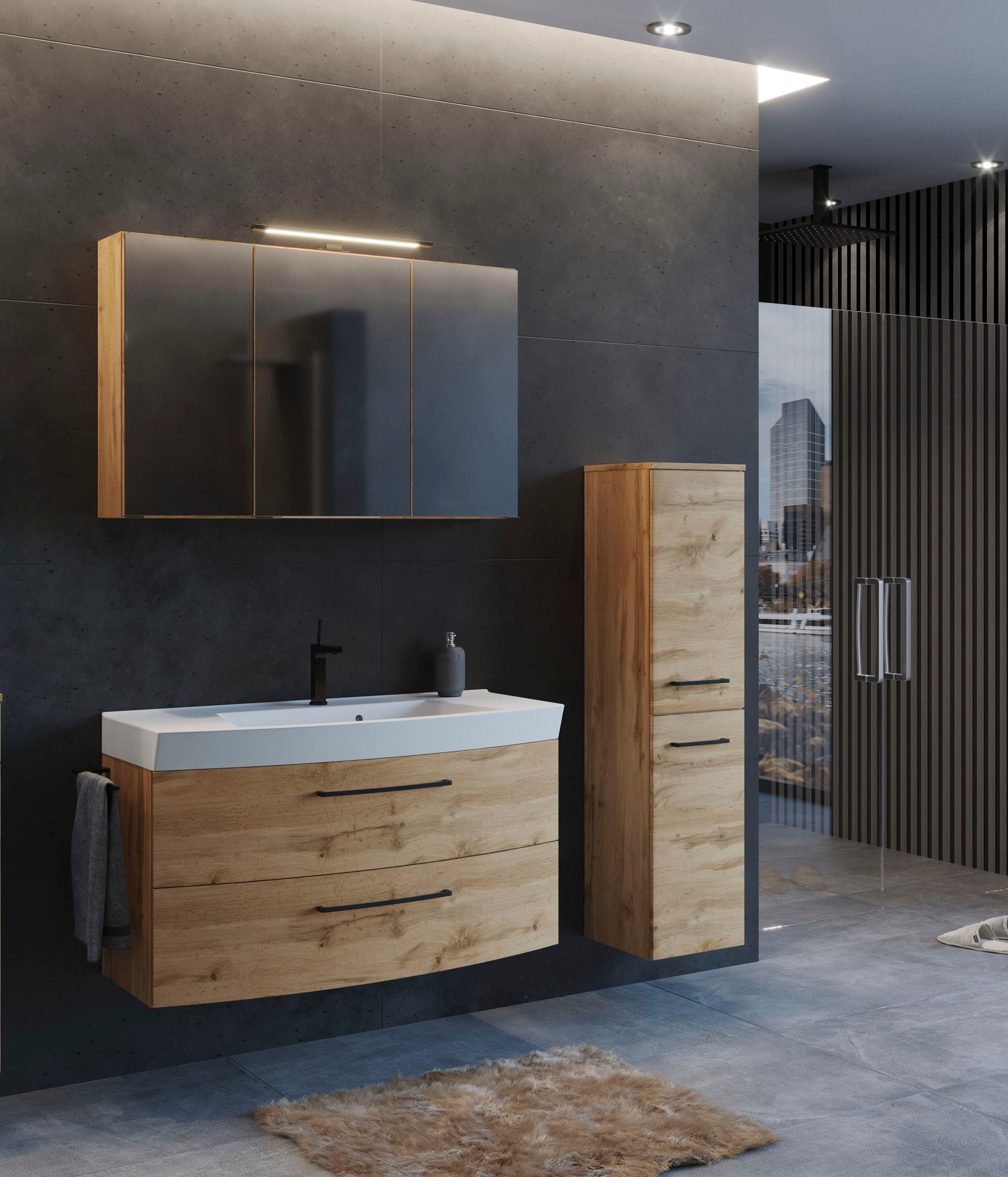 welltime Badmöbel-Set »Chicago«, (3 St., Spiegelschrank, Waschtisch, Midischrank), mit Mineralgussbecken